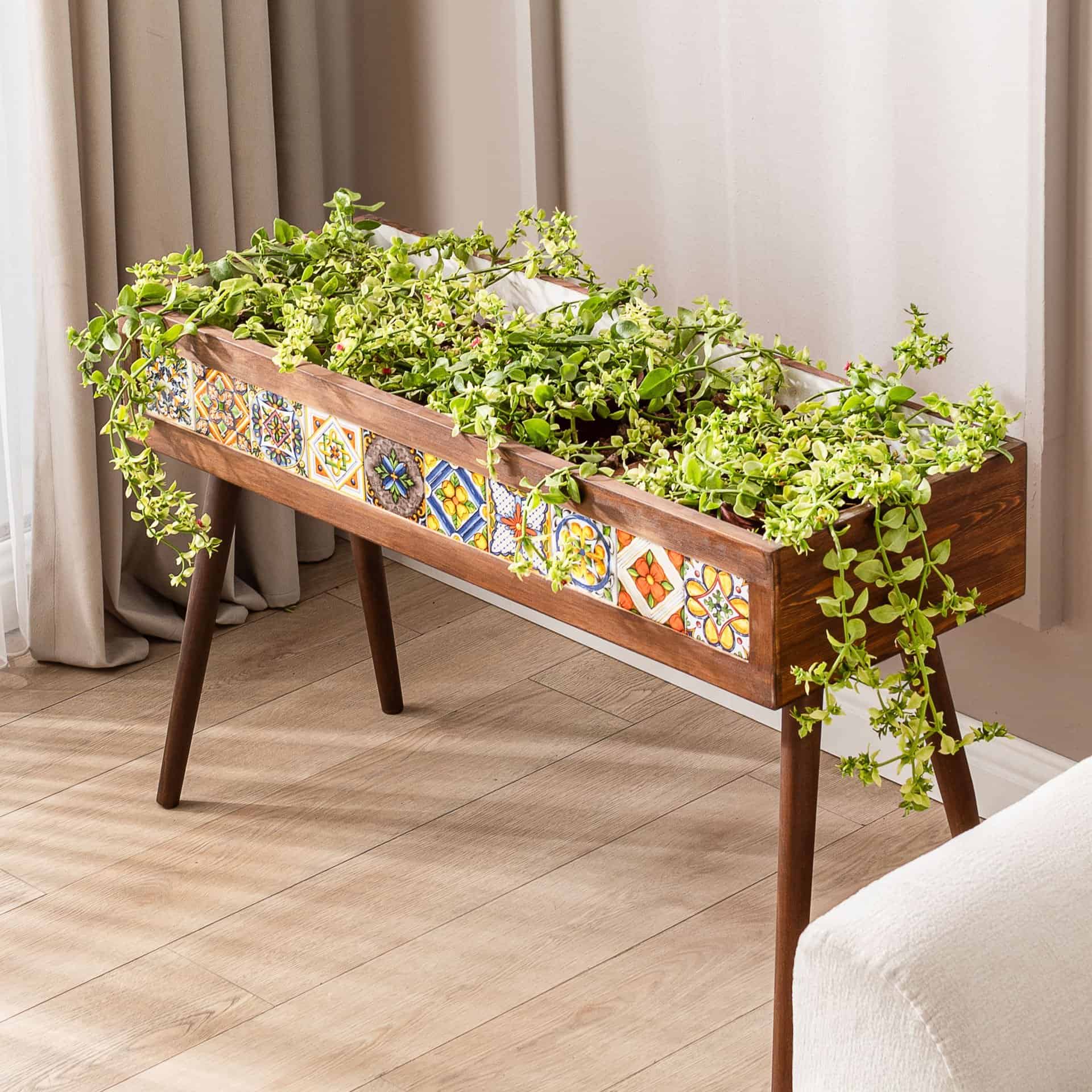 Mexican Tiled Wooden Flower Pot, 10 Tiles - Footed
