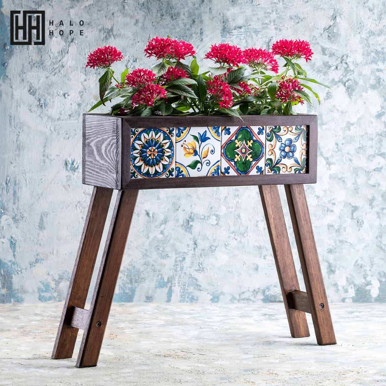 Mexican Tiled Wooden Flower Pot with Feet