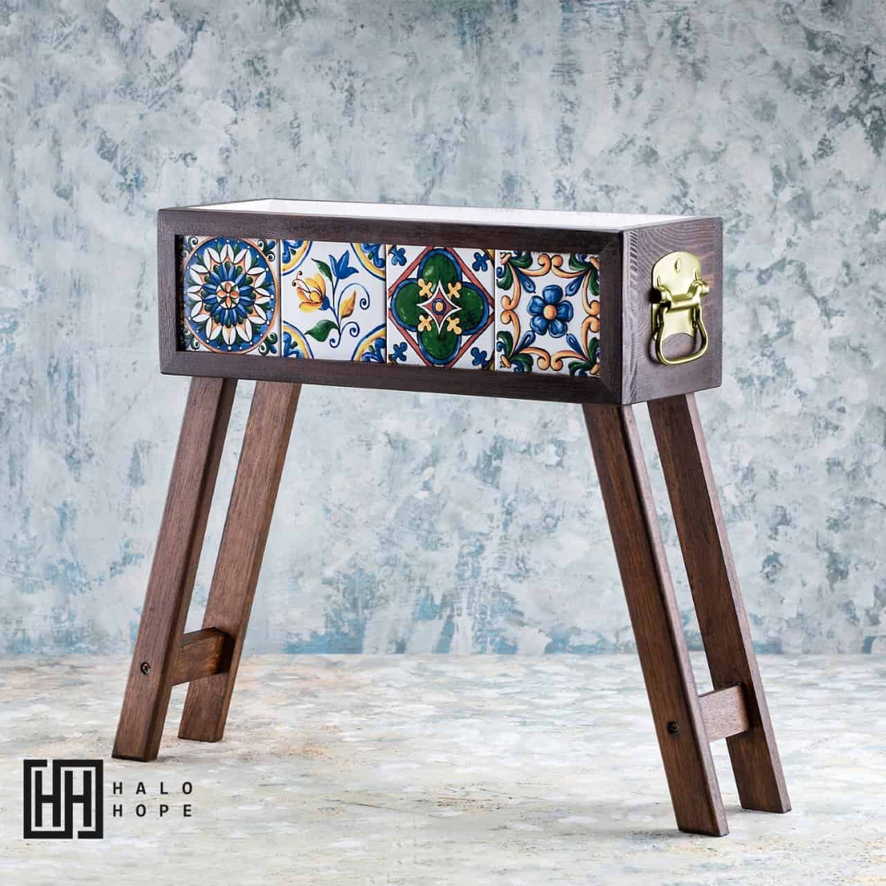 Mexican Tiled Wooden Flower Pot with Feet