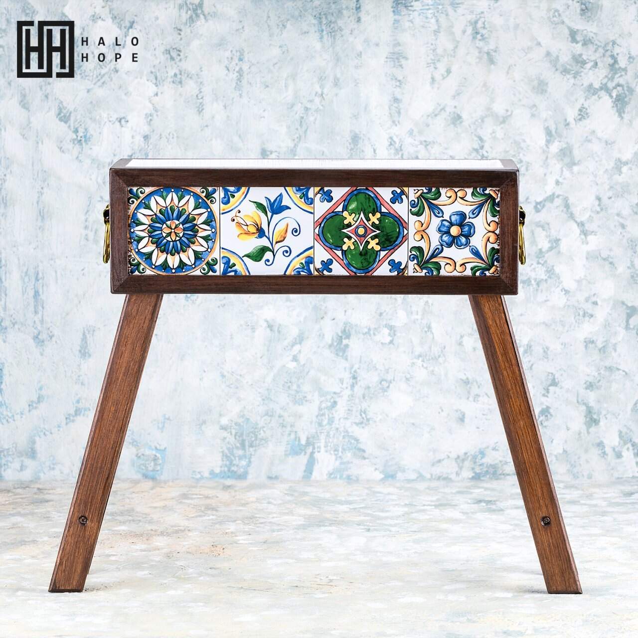 Mexican Tiled Wooden Flower Pot with Feet