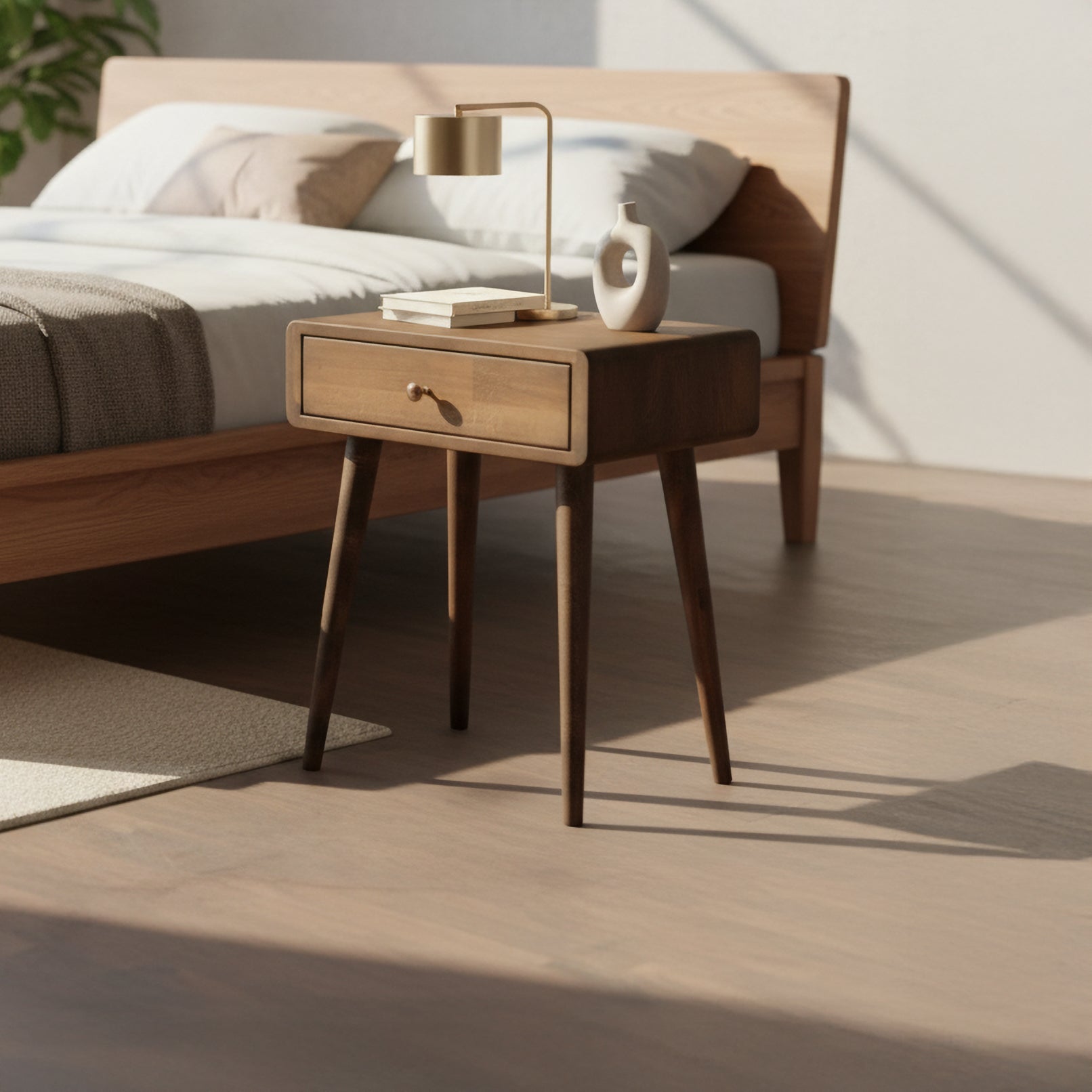 Beech Wood Single Drawer Nightstand, Natural Wood