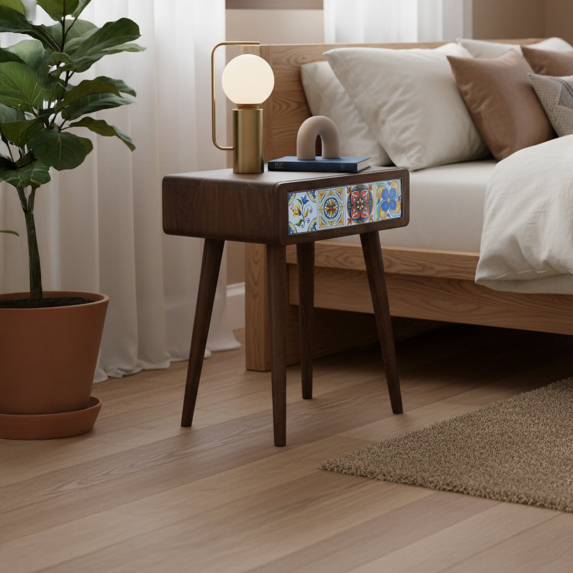Mexican Tile Single Drawer Nightstand, Natural Beech