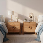 Oak Two-Drawer Nightstand with Round Handle Detail