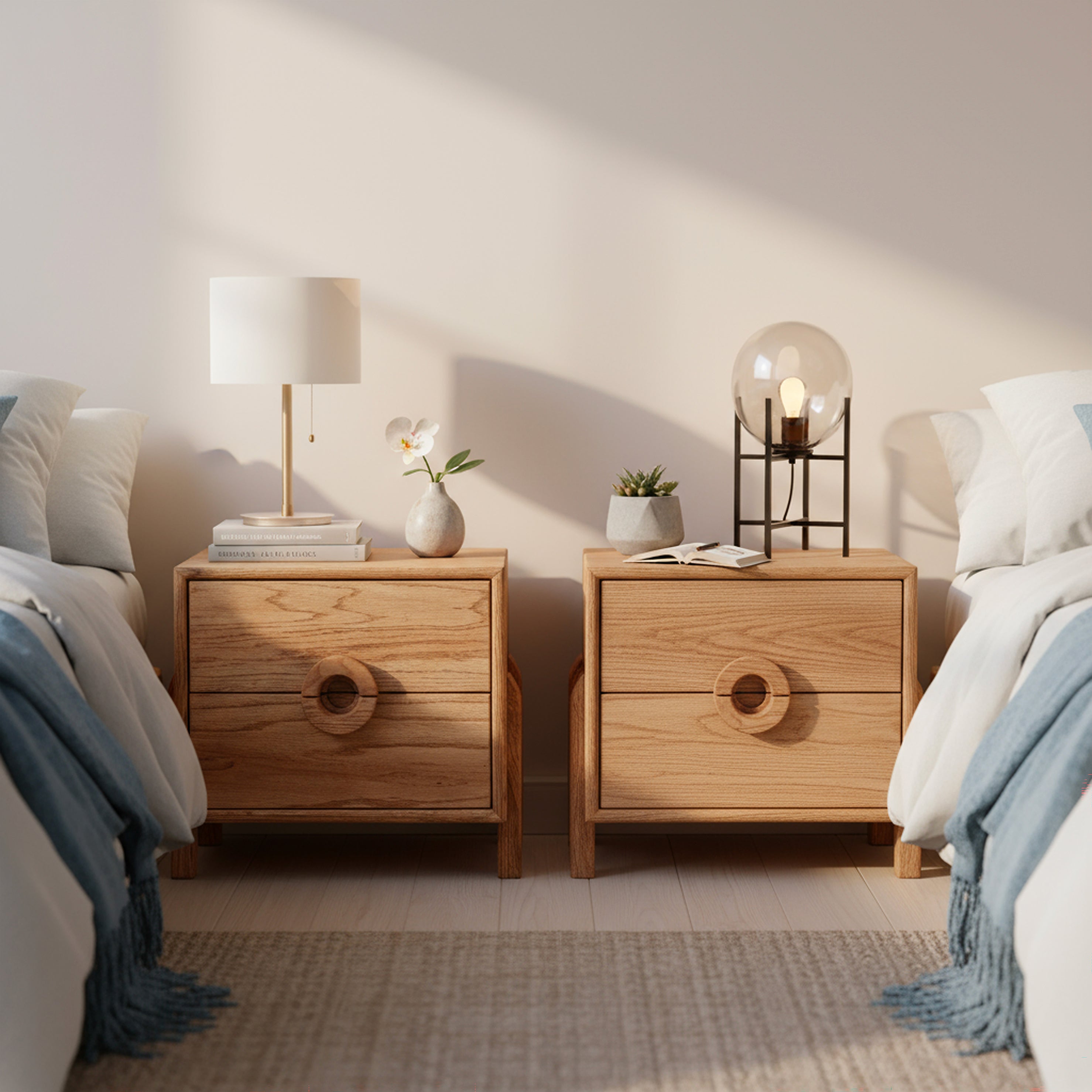 Oak Two-Drawer Nightstand with Round Handle Detail