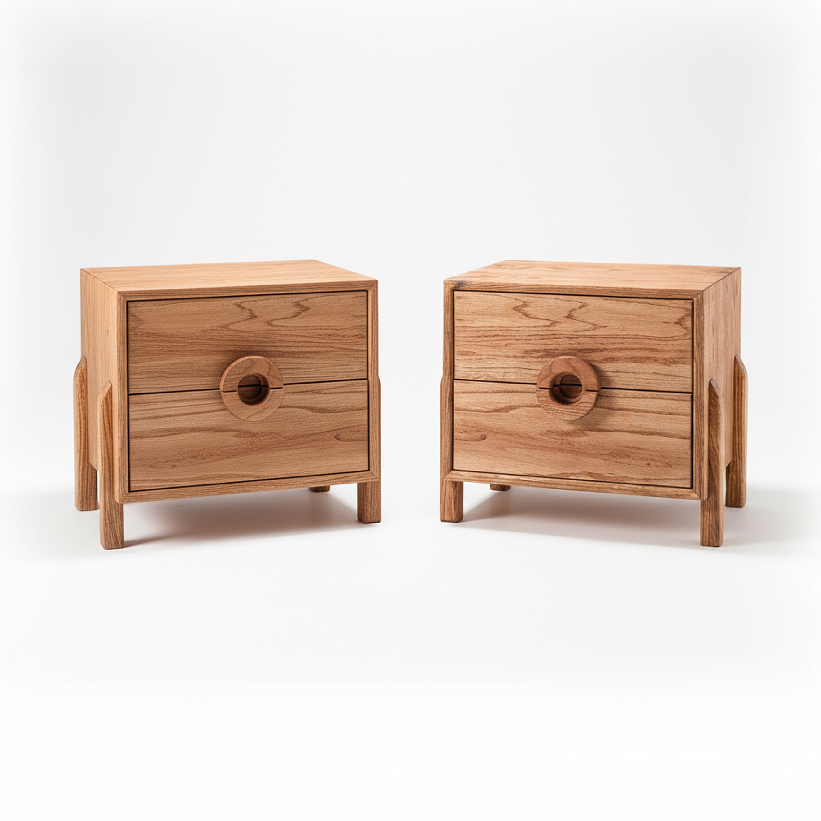 Oak Two-Drawer Nightstand with Round Handle Detail