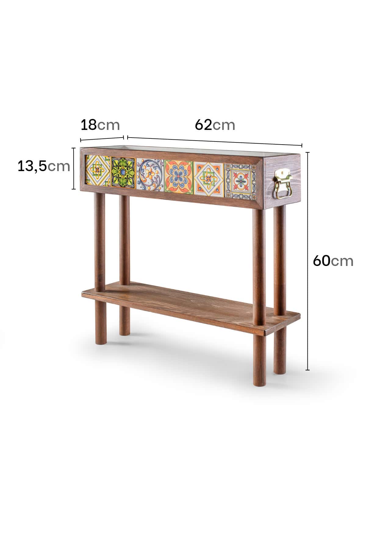 Handmade Flower Pot with Stand and Shelf, 6 Mexican Tiles, Decorative Modern Wooden Garden Balcony Flower Pot Holder