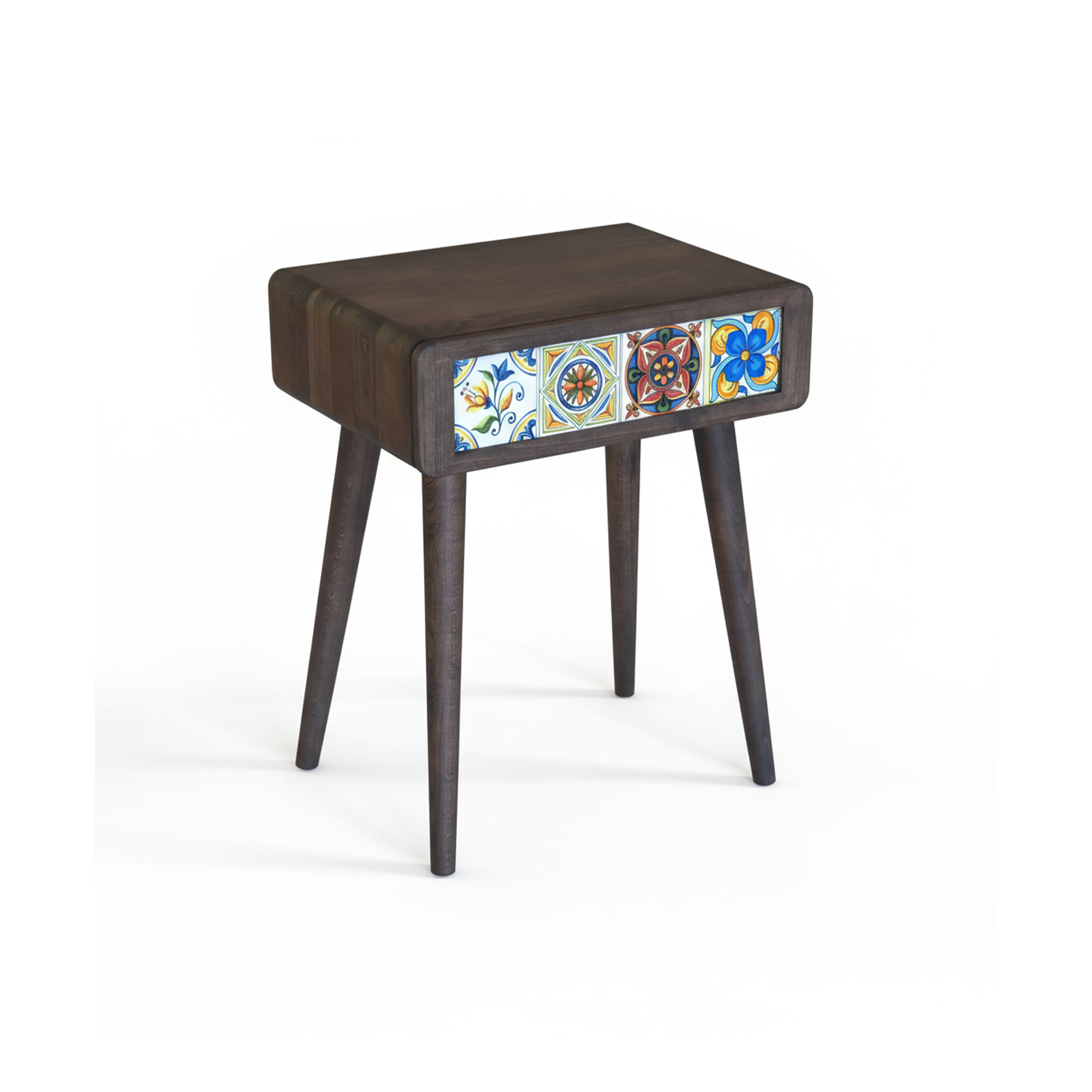 Mexican Tile Single Drawer Nightstand, Natural Beech