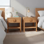 Oak Single Drawer and Shelf Nightstand with Square Handle Detail