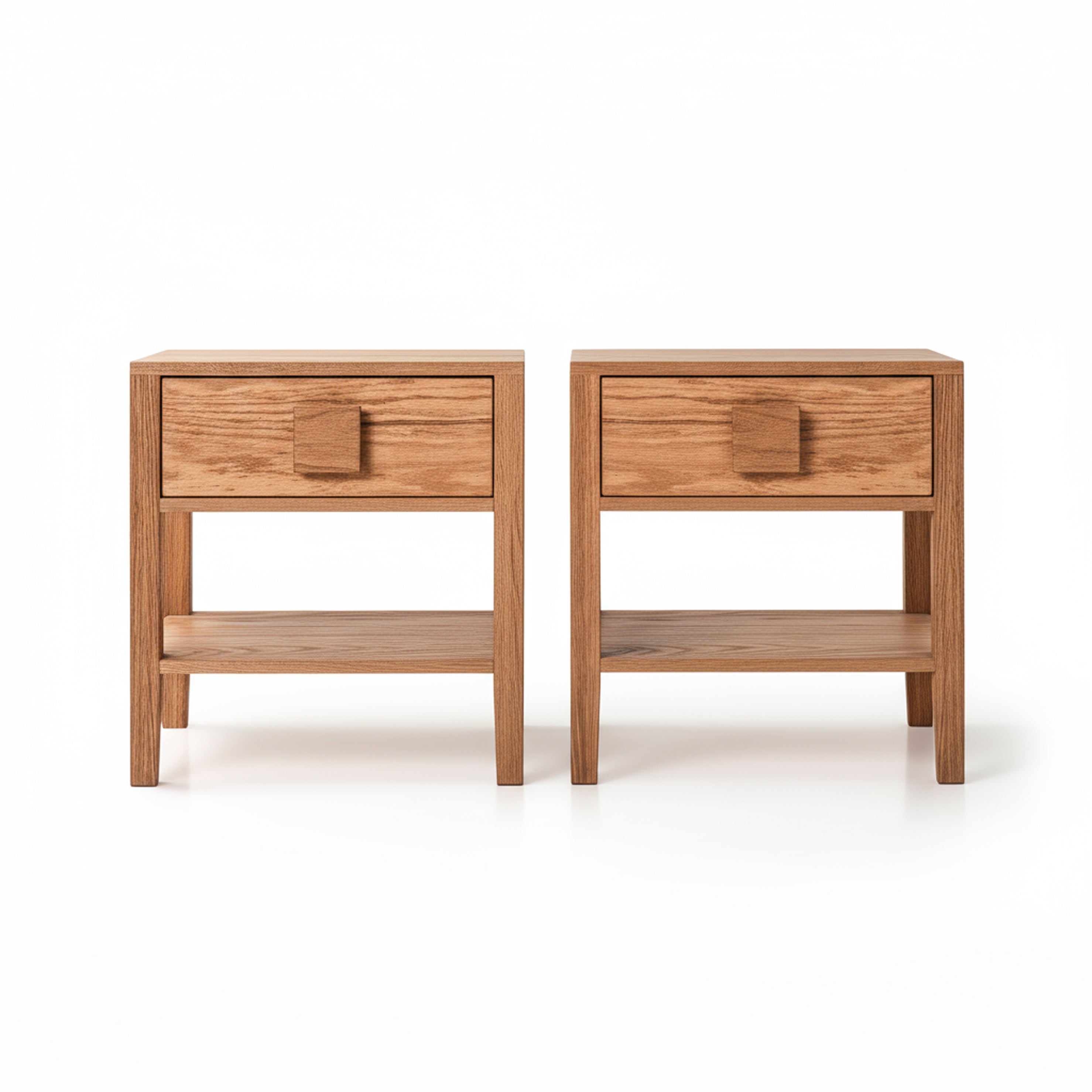 Oak Single Drawer and Shelf Nightstand with Square Handle Detail