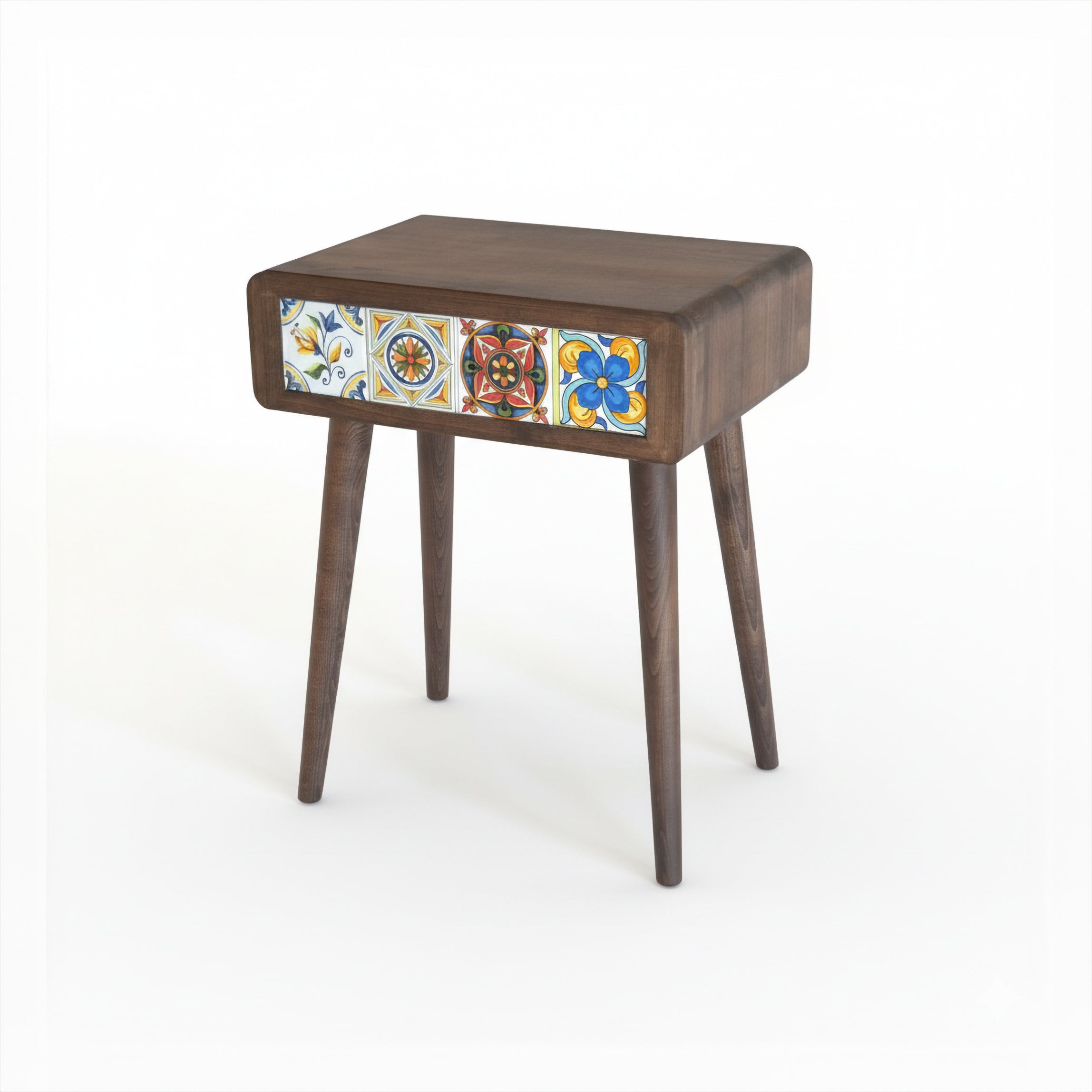 Mexican Tile Single Drawer Nightstand, Natural Beech