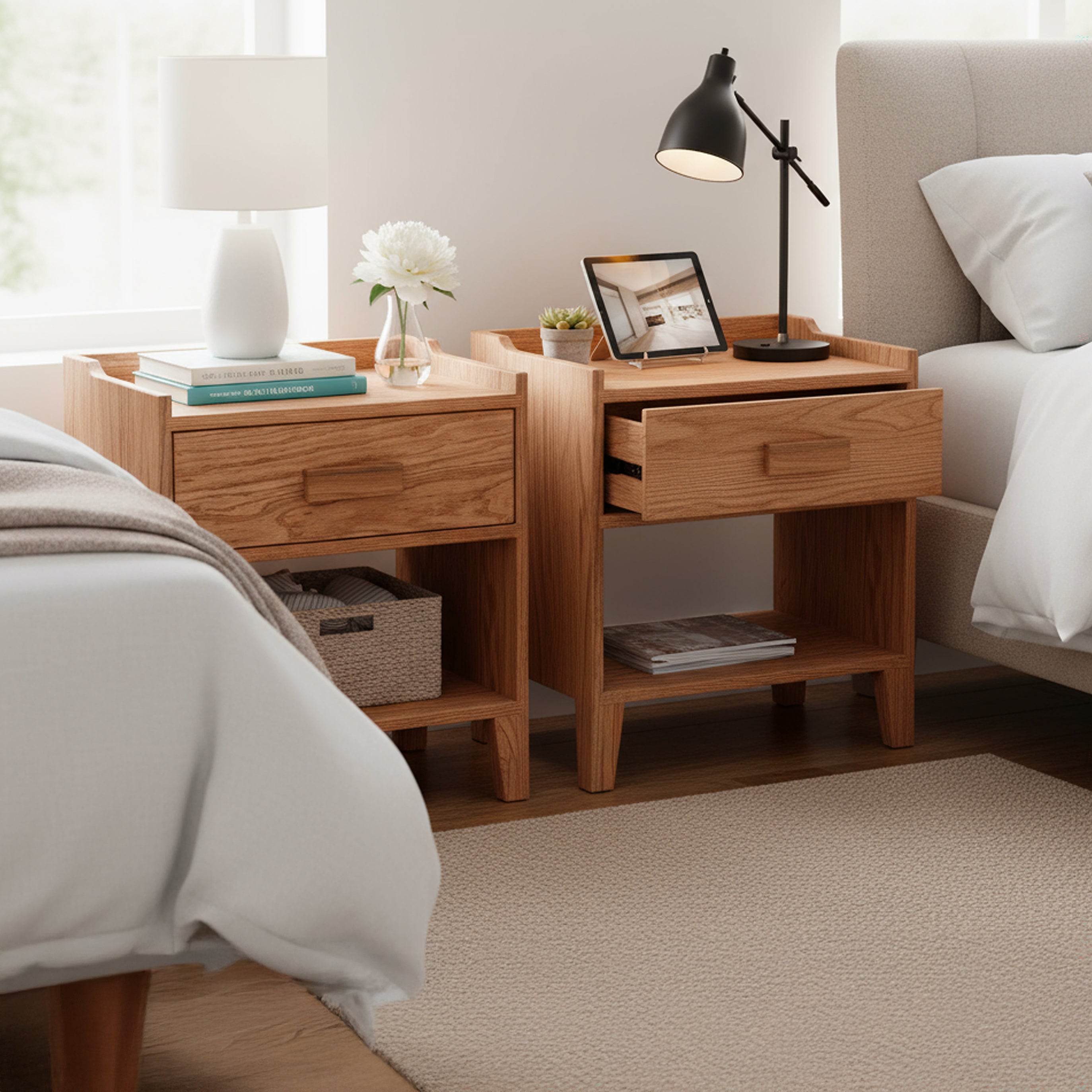Oak Wood Nightstand with Single Drawer and Shelf, Top Shield Detail