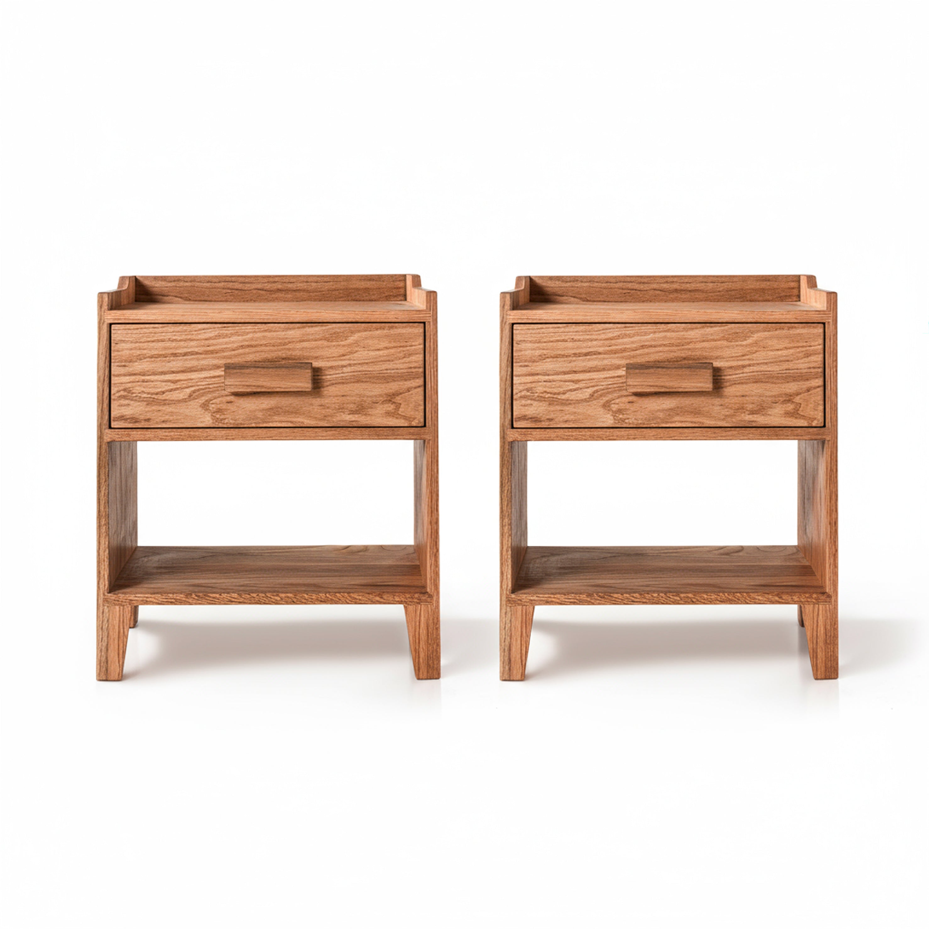 Oak Wood Nightstand with Single Drawer and Shelf, Top Shield Detail