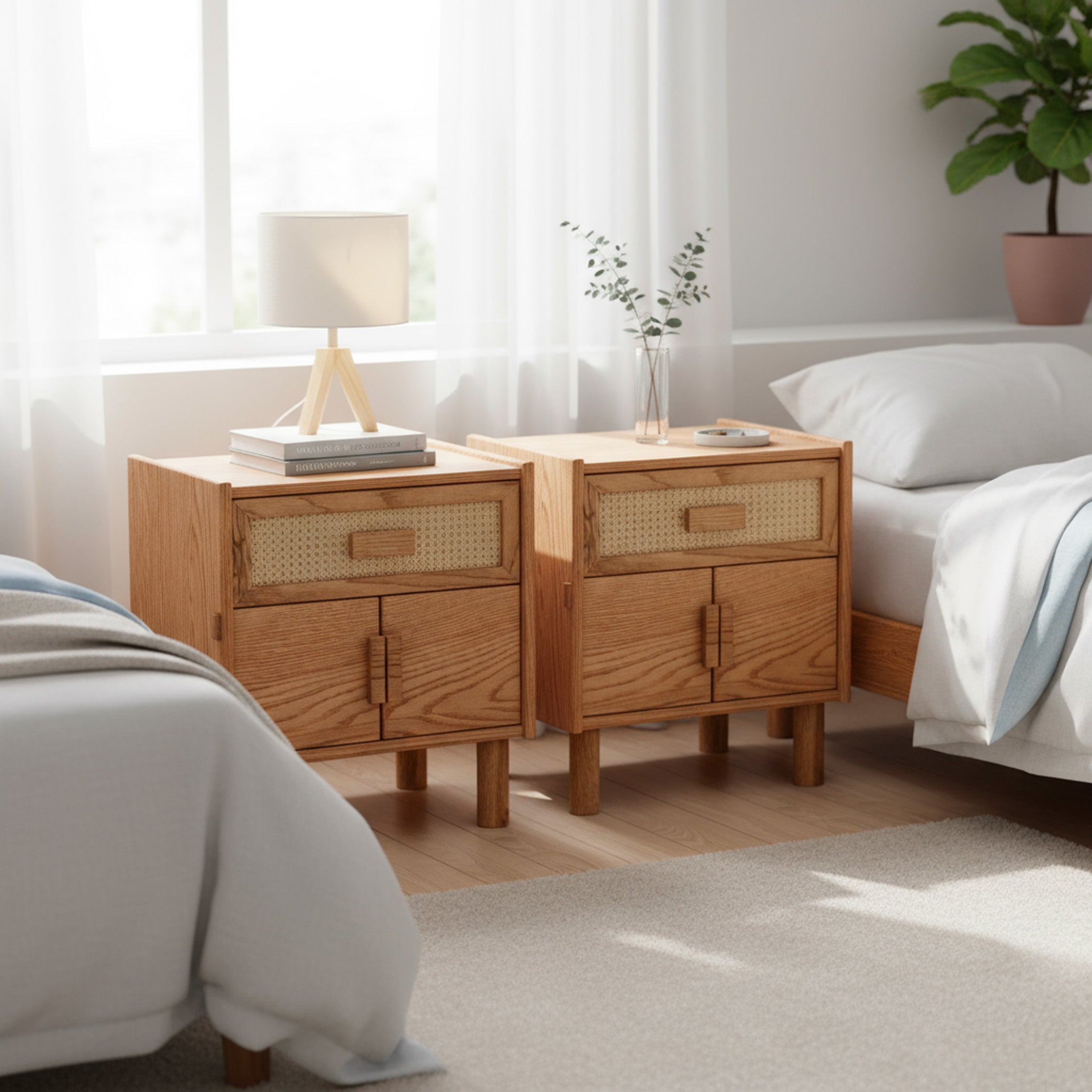 Oak Single Drawer and Cabinet Nightstand with Hazeran Cover Detail