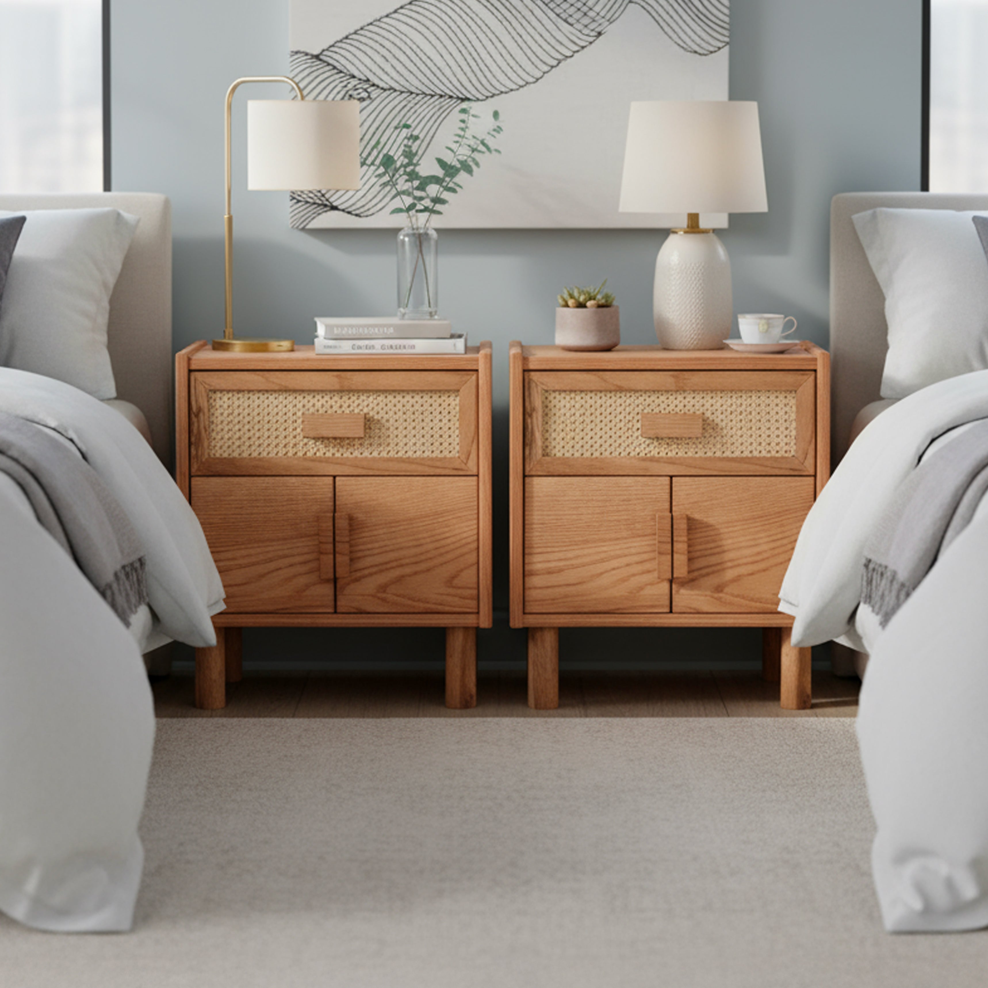 Oak Single Drawer and Cabinet Nightstand with Hazeran Cover Detail