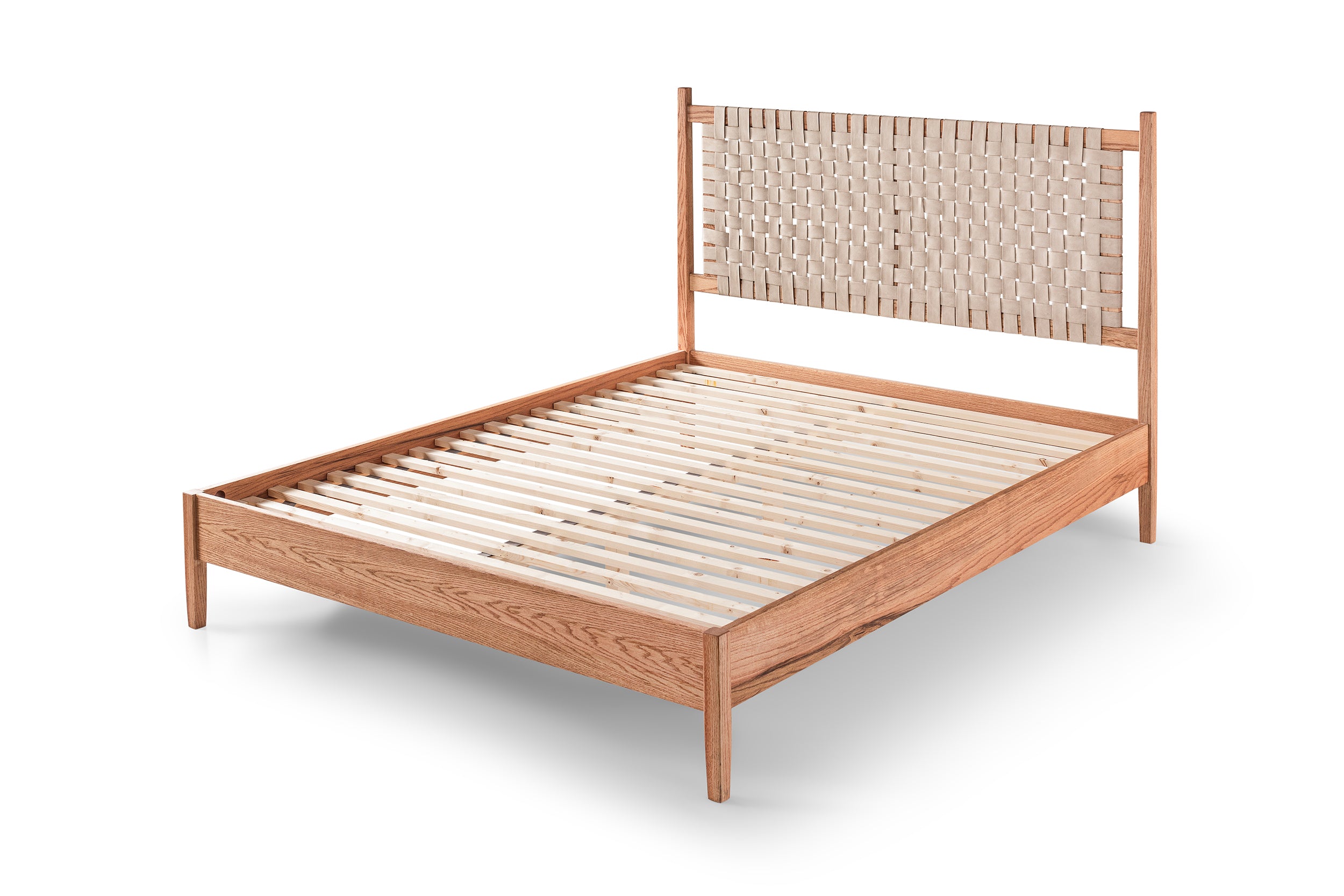 Wooden Bedstead and Braided Leather Headboard, Oak
