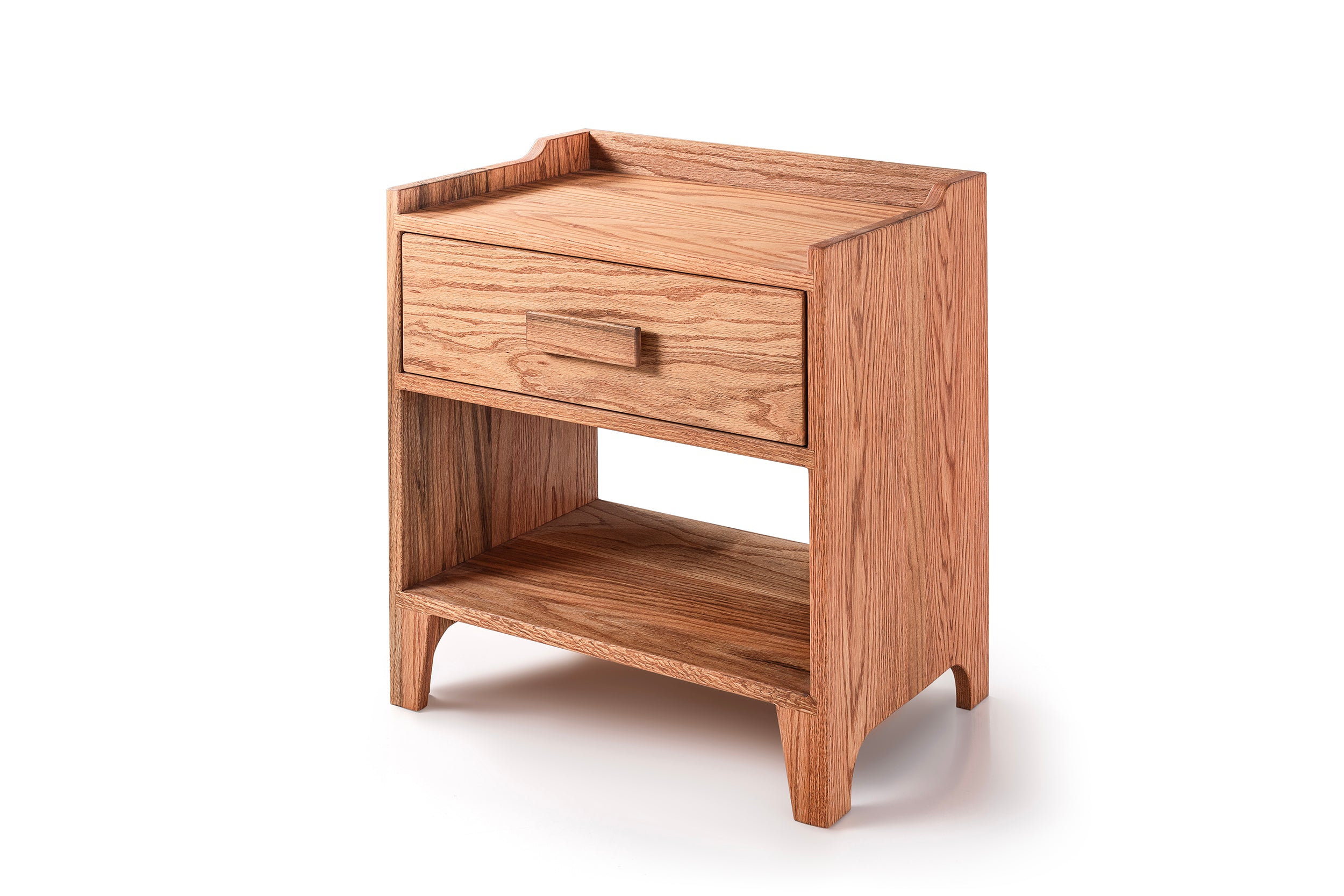 Oak Wood Nightstand with Single Drawer and Shelf, Top Shield Detail