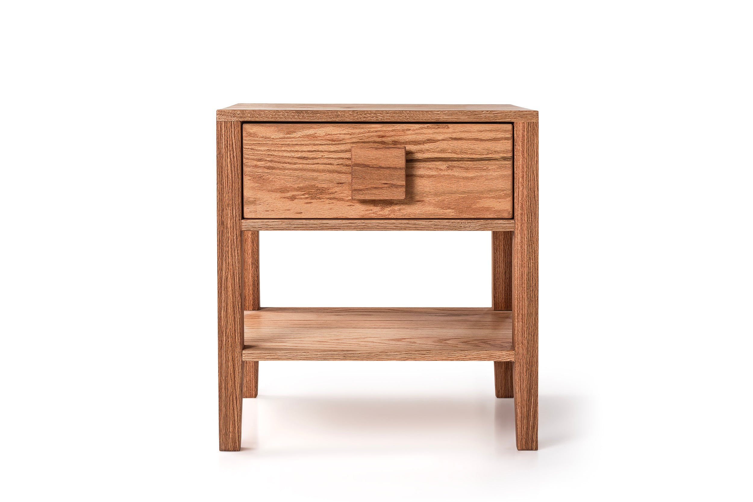 Oak Single Drawer and Shelf Nightstand with Square Handle Detail