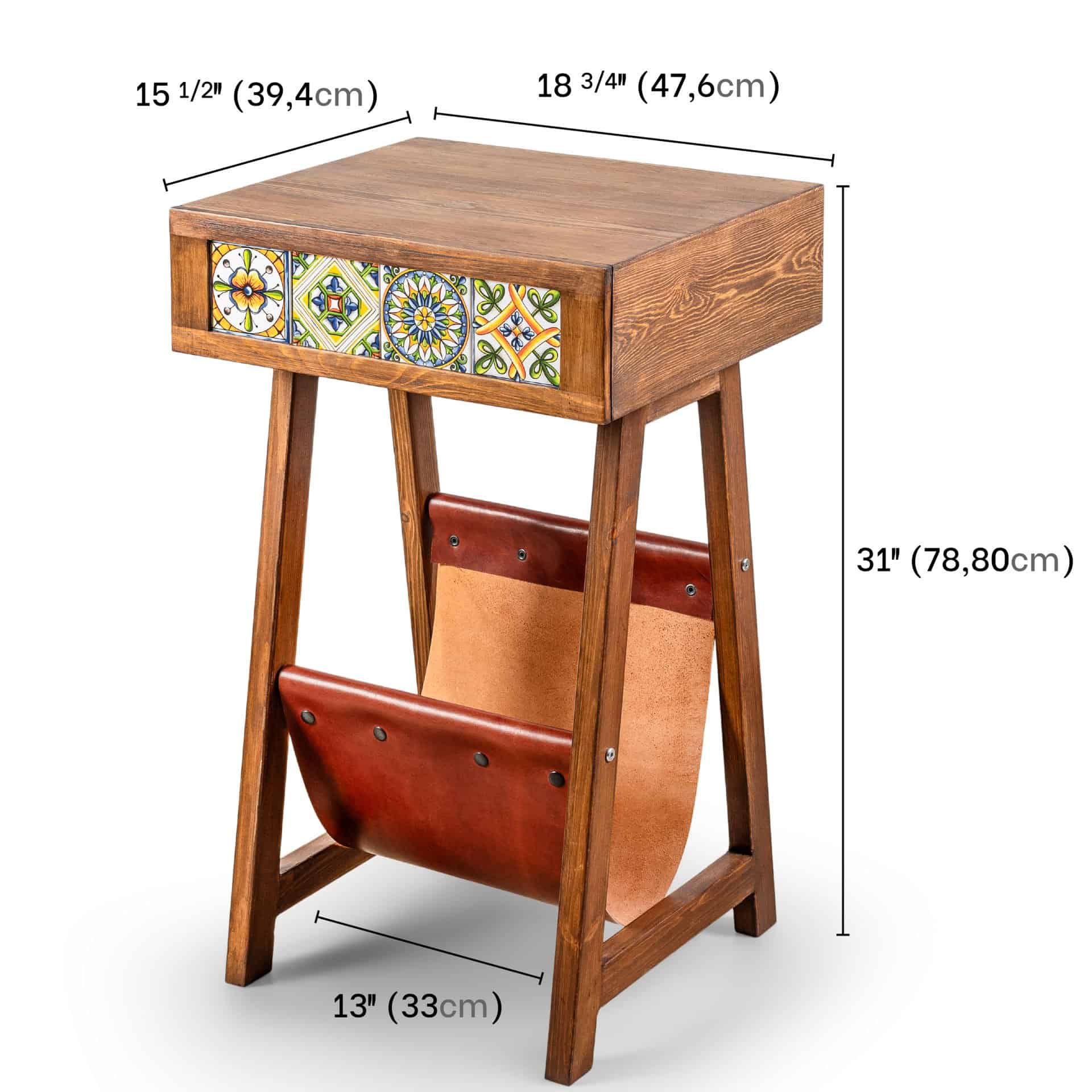 Handmade Pine Record Player Stand – Natural Wood Turntable Stand with Tiled Drawers and Leather Baskets