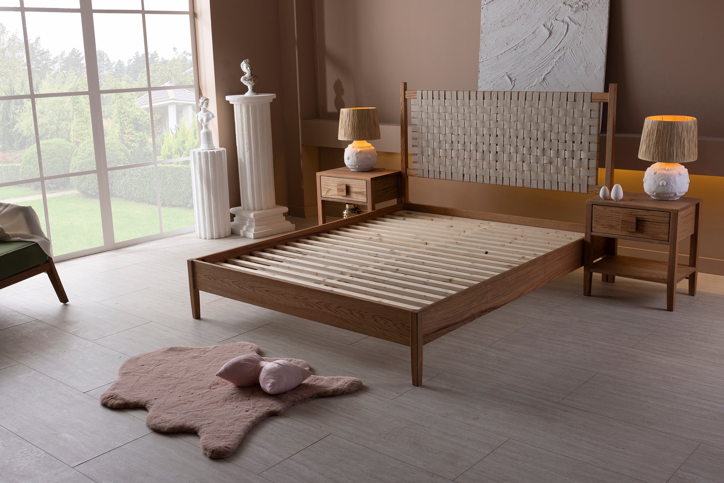 Wooden Bedstead and Braided Leather Headboard, Oak