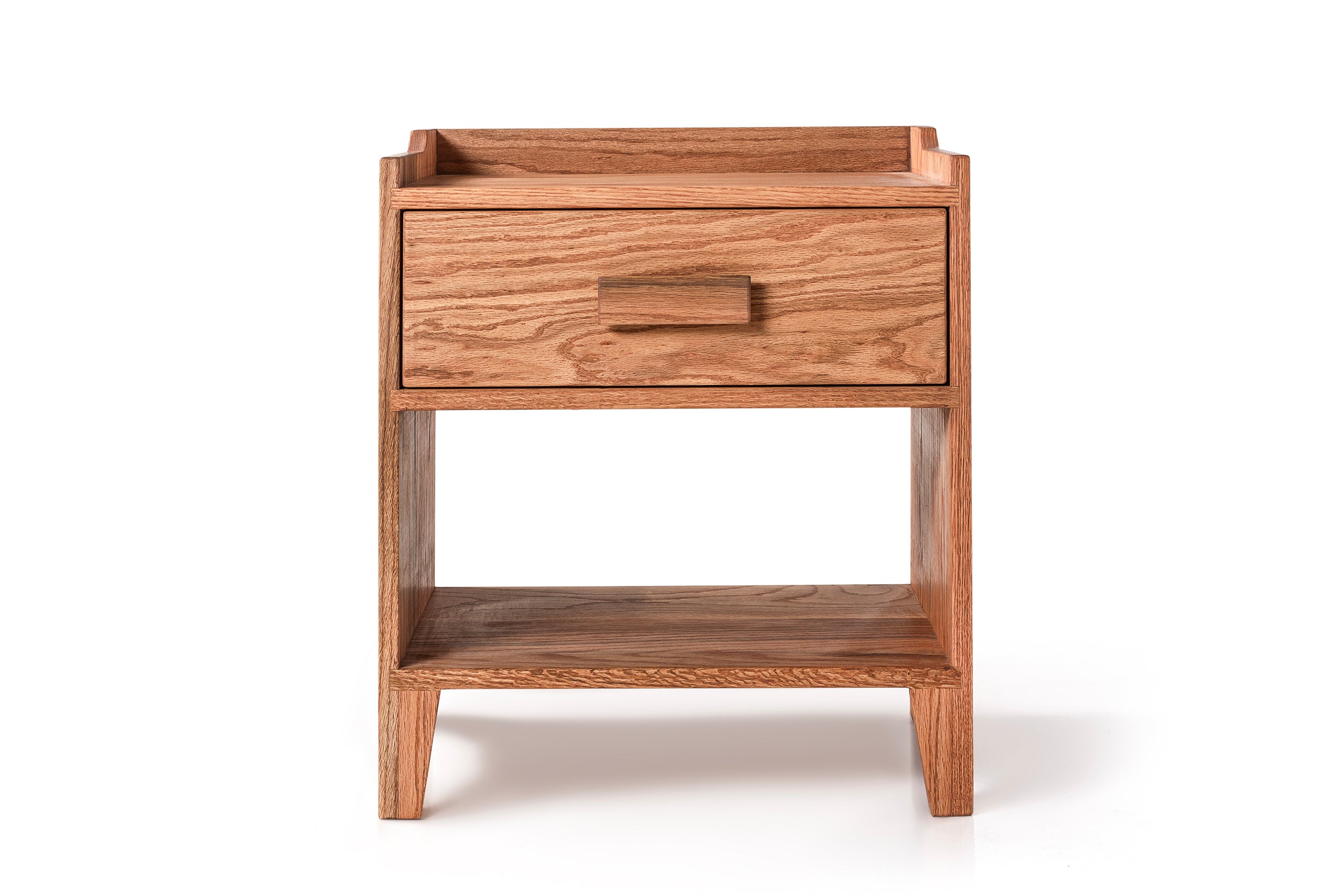 Oak Wood Nightstand with Single Drawer and Shelf, Top Shield Detail
