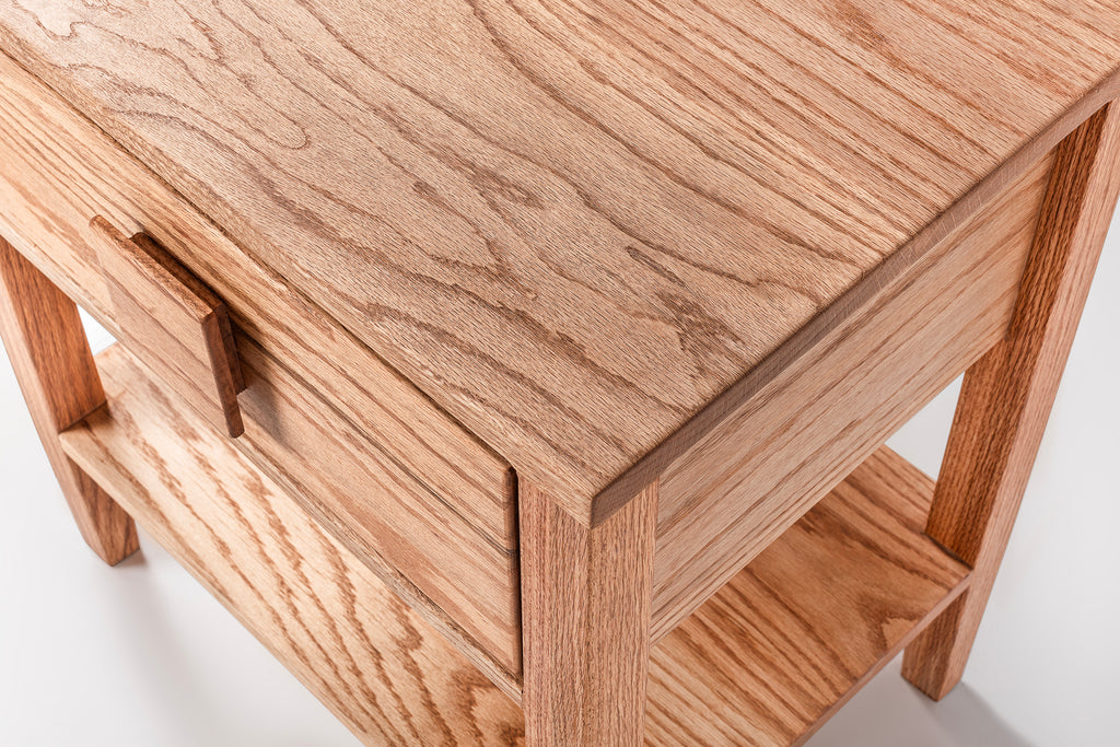 Oak Single Drawer and Shelf Nightstand with Square Handle Detail