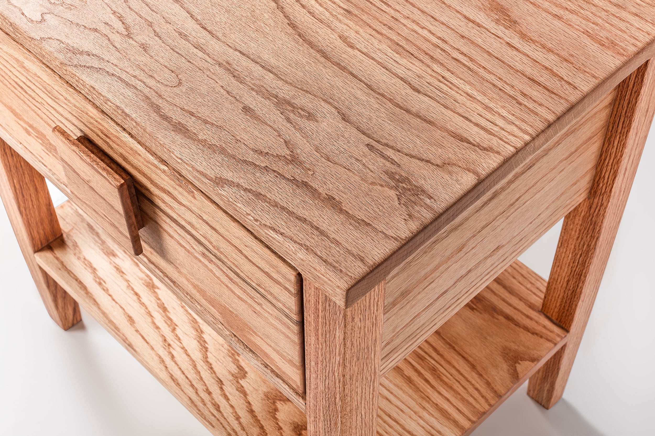 Oak Single Drawer and Shelf Nightstand with Square Handle Detail