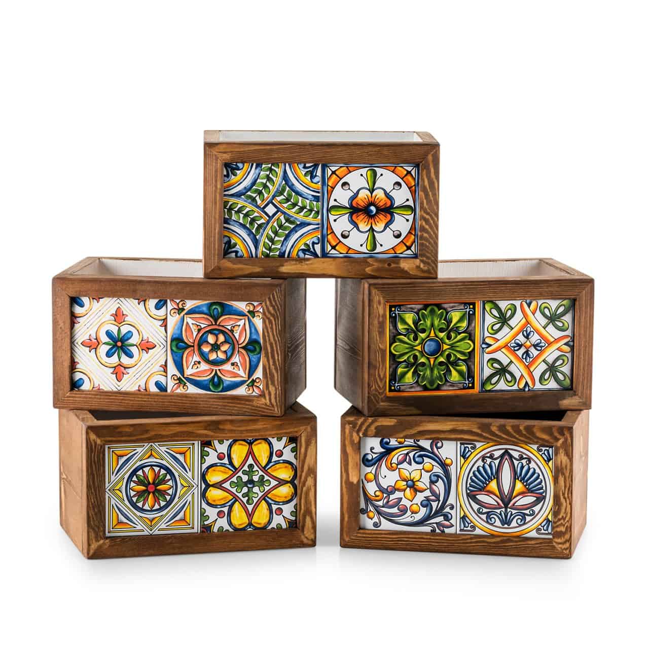 Mexican Tiled Wooden Flower Pot-2 Tiles