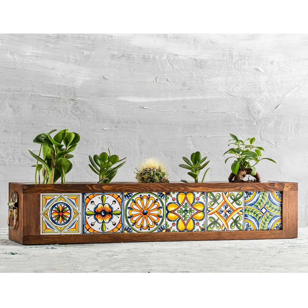 Handmade 6 Mexican Tile Decorative Modern Wooden Rectangular Quality Garden Balcony Flower Pot Planter