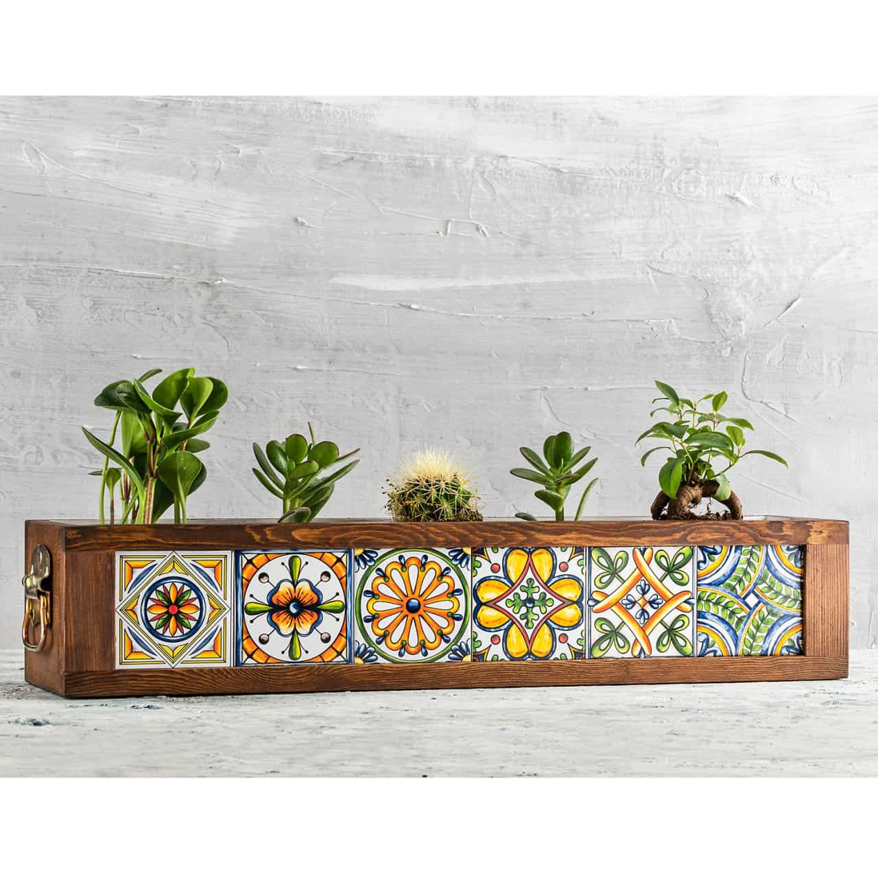 Handmade 6 Mexican Tile Decorative Modern Wooden Rectangular Quality Garden Balcony Flower Pot Planter