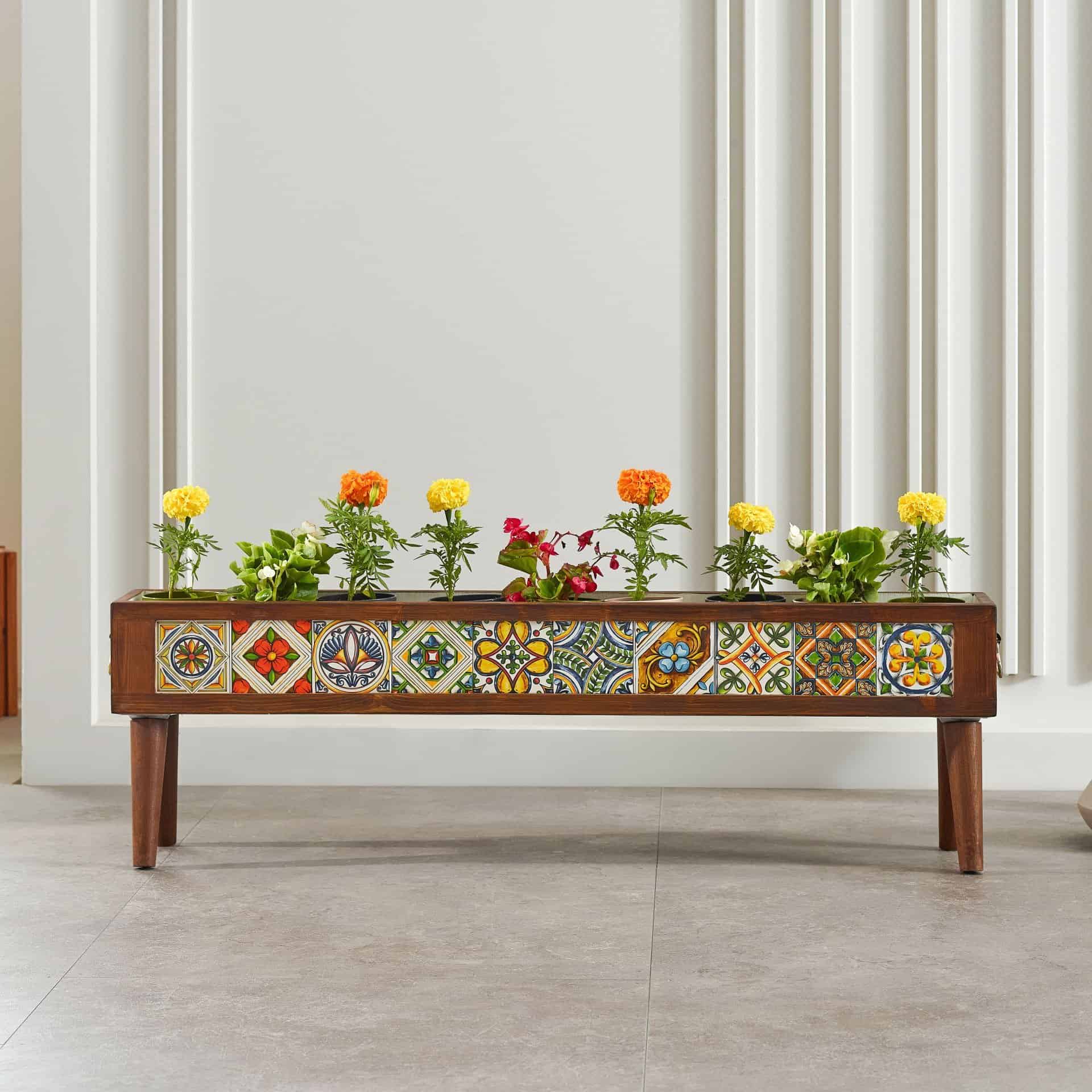 Handmade Standing 10 Tile Decorative Modern Wooden Rectangular Garden Balcony Flowerpot Planter Holder
