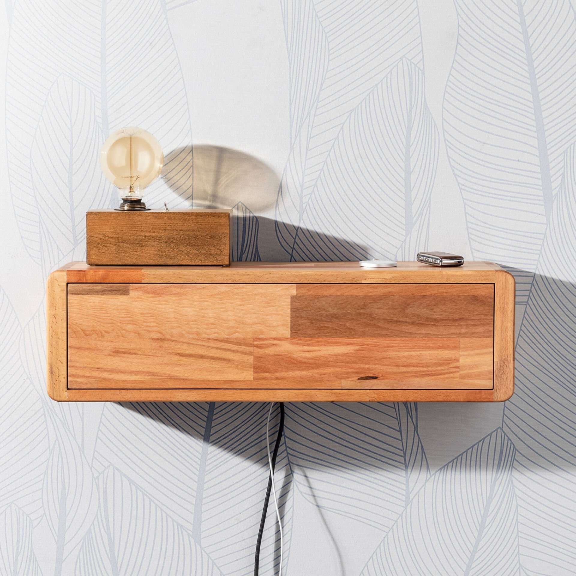 Natural Beech Light Brown, Wooden Decorative Design Wall Shelf Organizer with Cover Library Bookcase Bathroom and Kitchen - Light Color