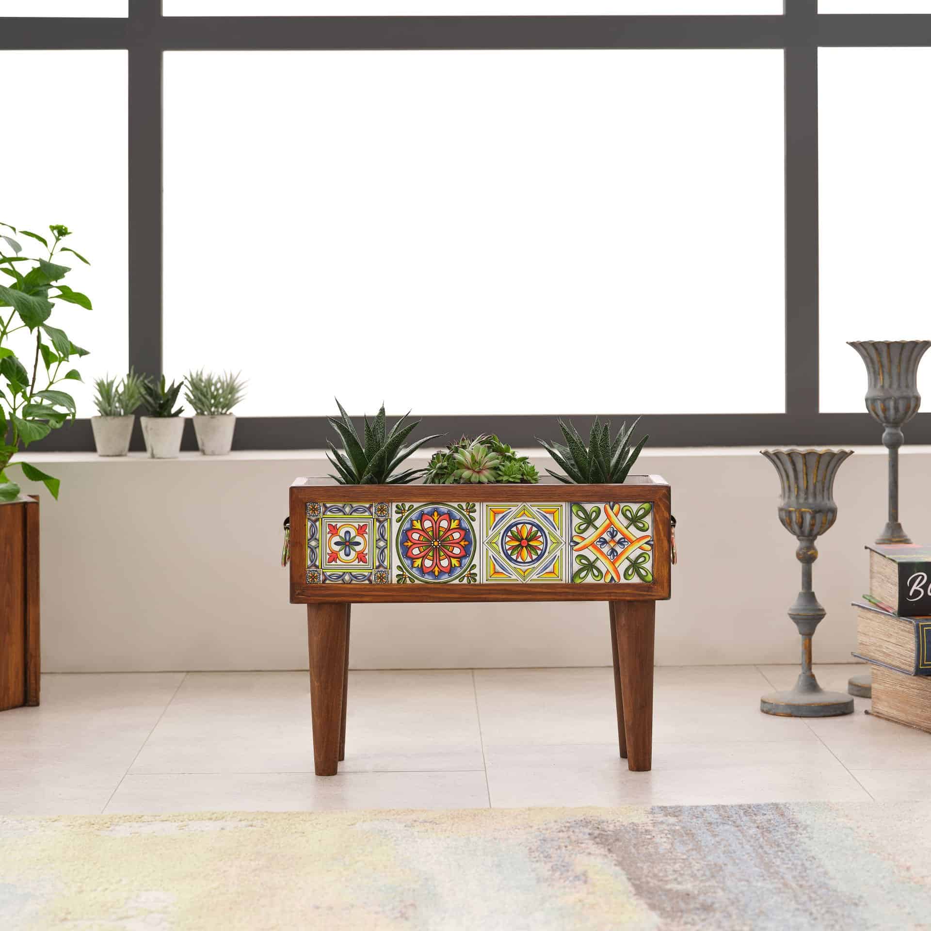 Handmade Standing 4 Tile Decorative Modern Wooden Rectangular Garden Balcony Flowerpot Planter Holder