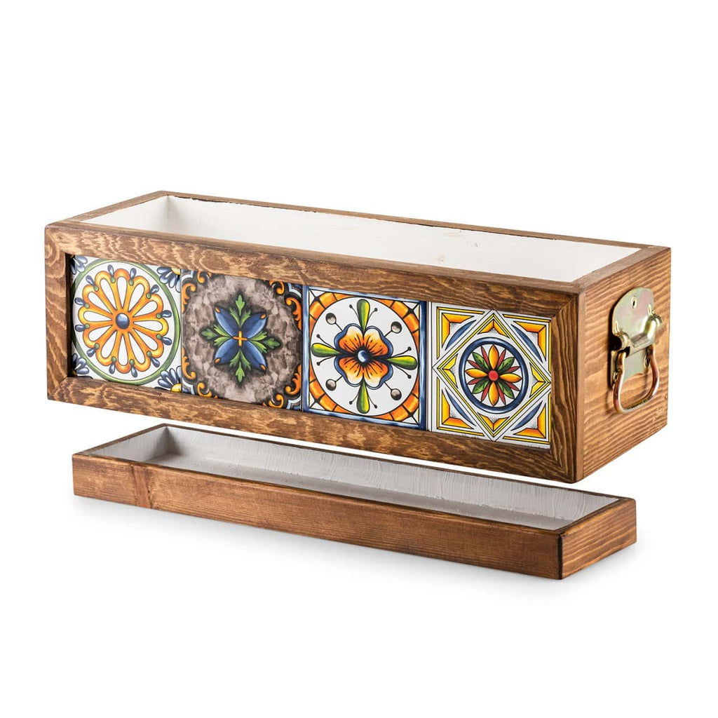 Mexican Tiled Wooden Flower Pot-4 Tiles