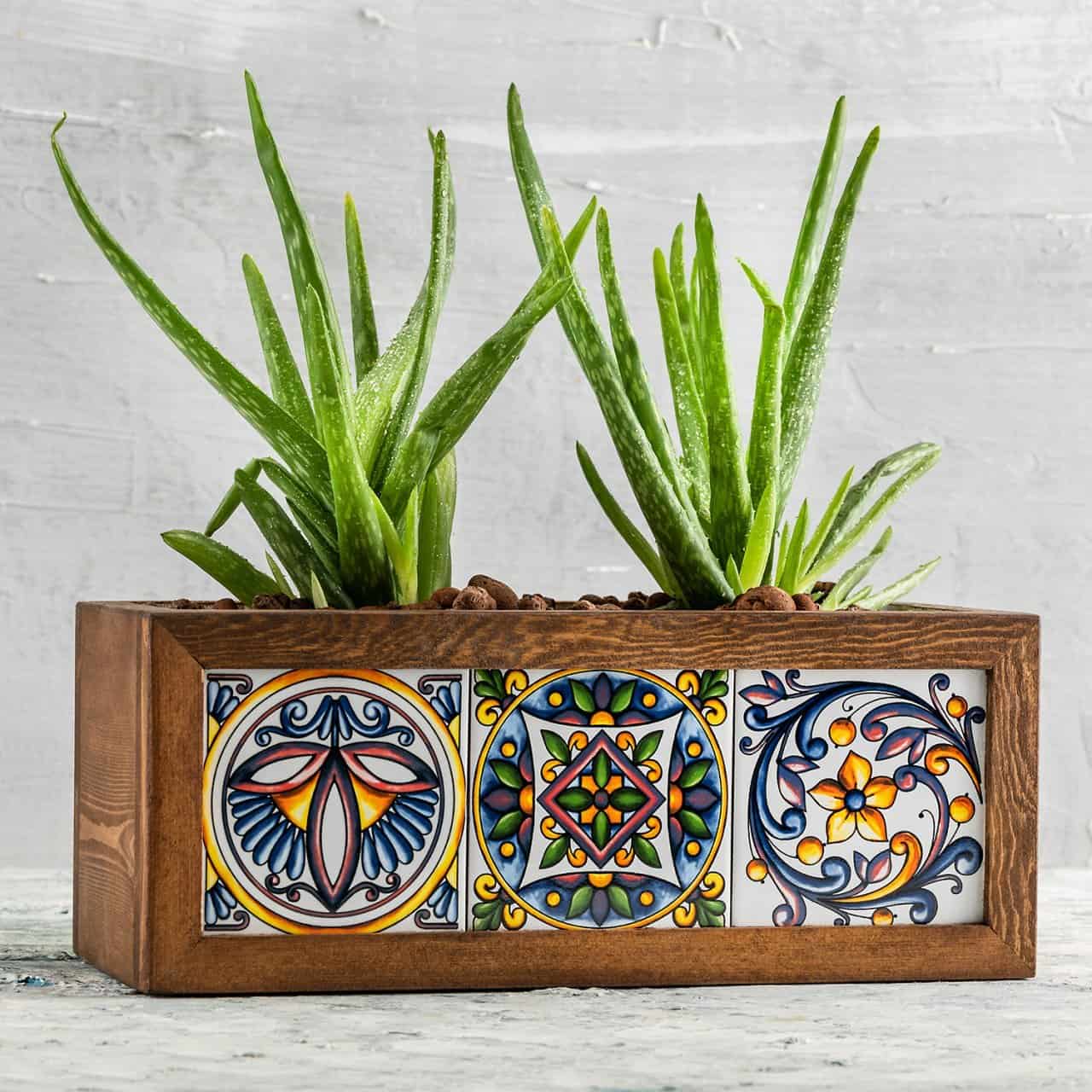 Mexican Tiled Wooden Flower Pot-3 Tiles