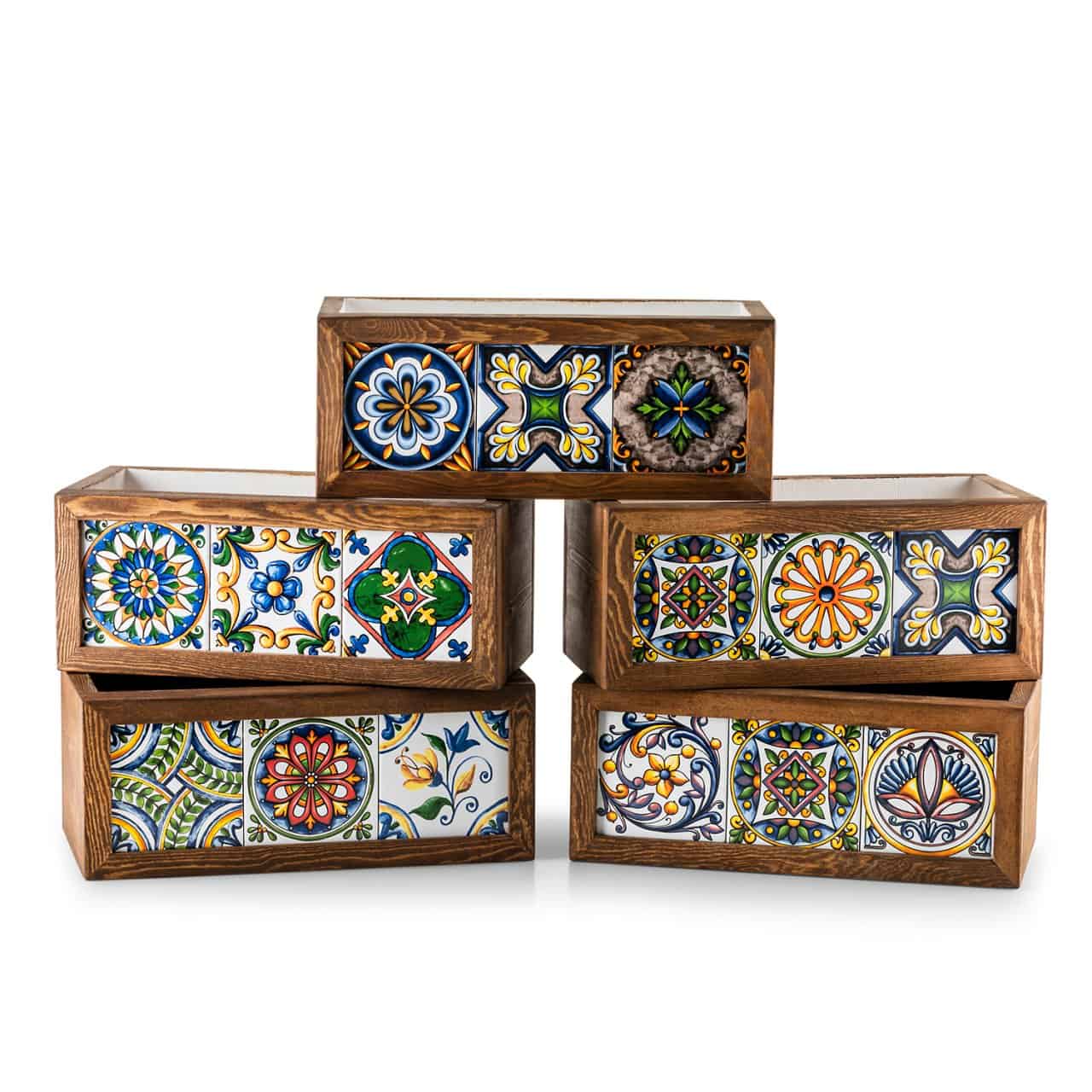 Mexican Tiled Wooden Flower Pot-3 Tiles