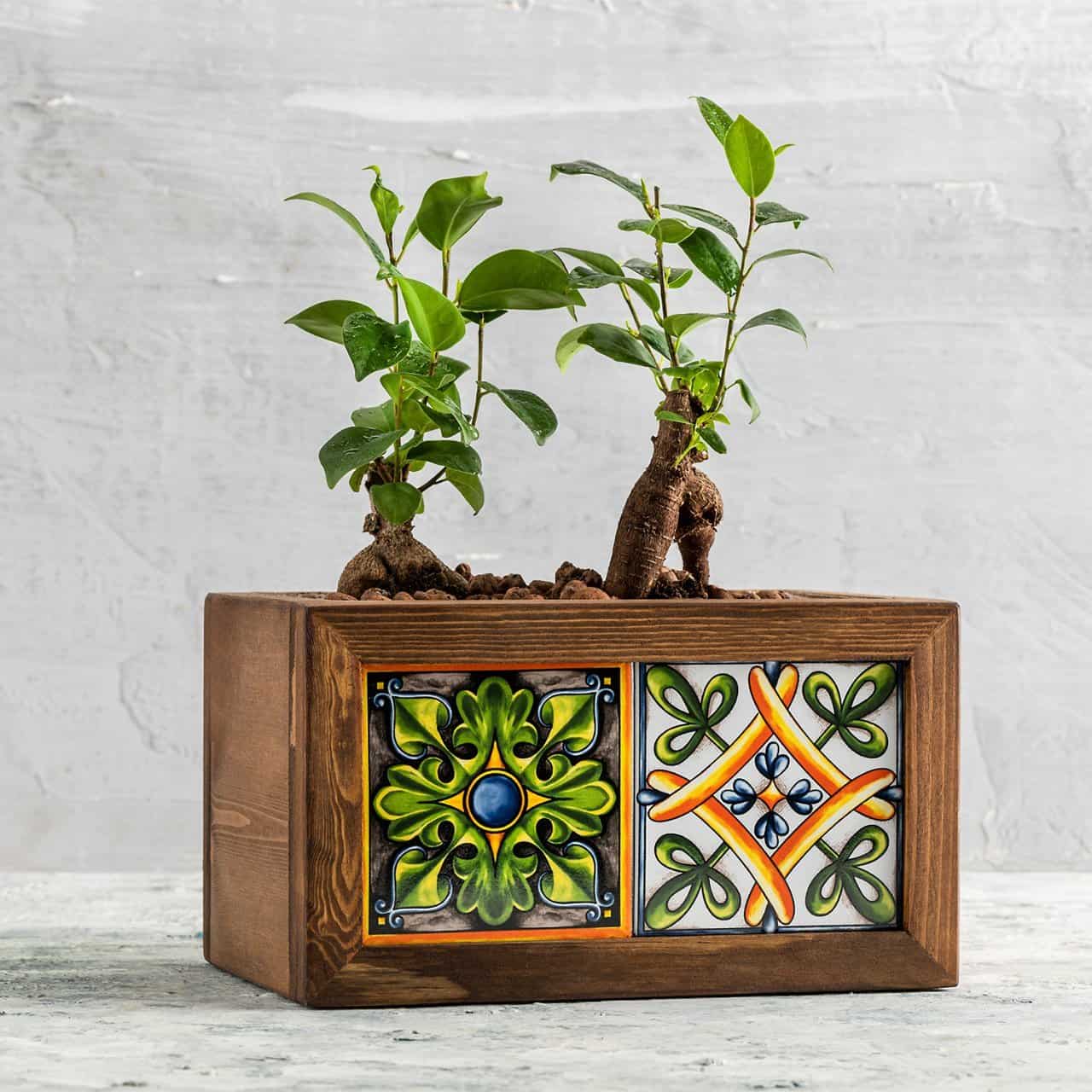 Mexican Tiled Wooden Flower Pot-2 Tiles