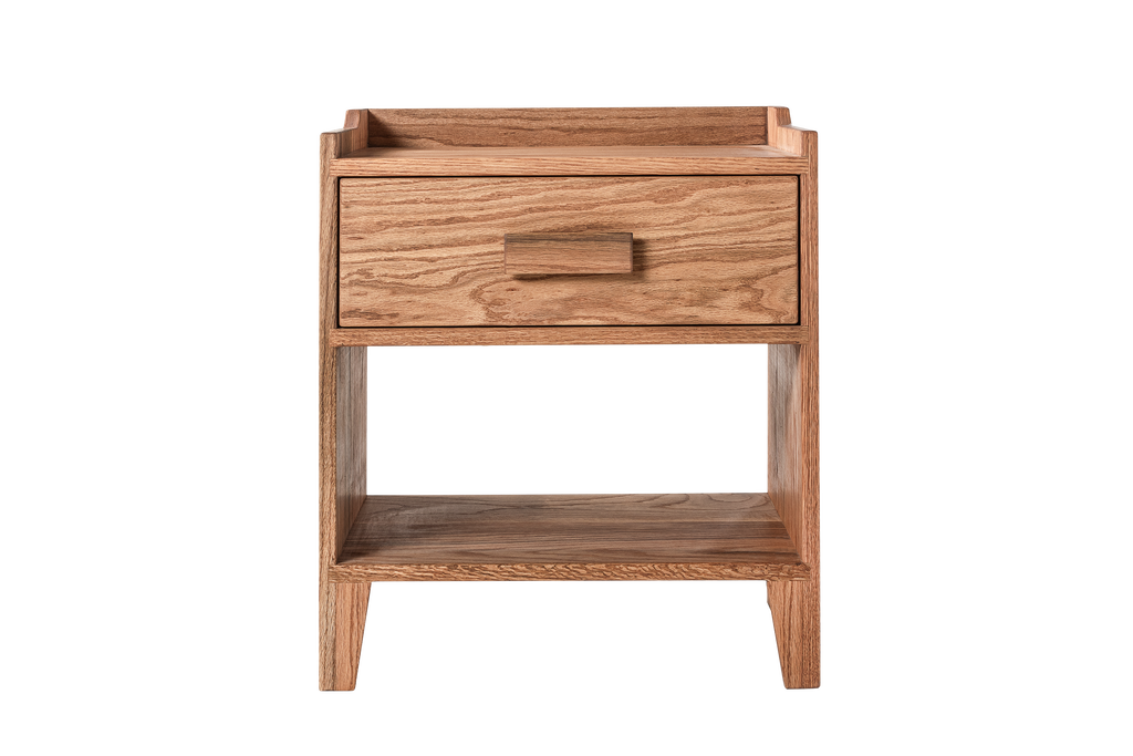 Oak Wood Nightstand with Single Drawer and Shelf, Top Shield Detail