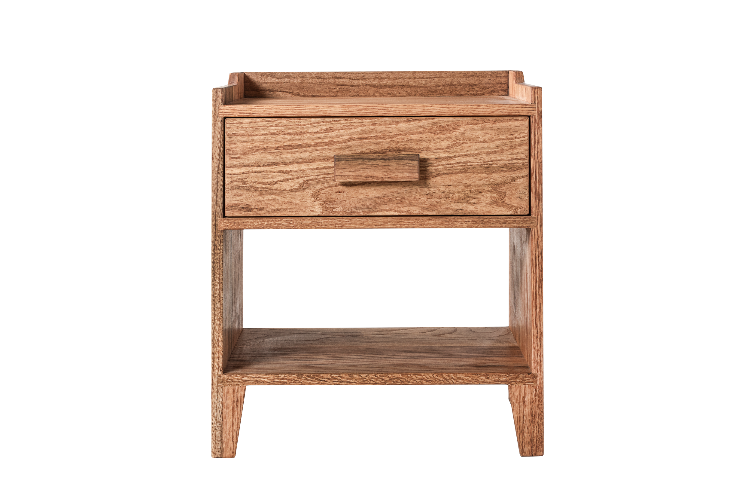Oak Wood Nightstand with Single Drawer and Shelf, Top Shield Detail