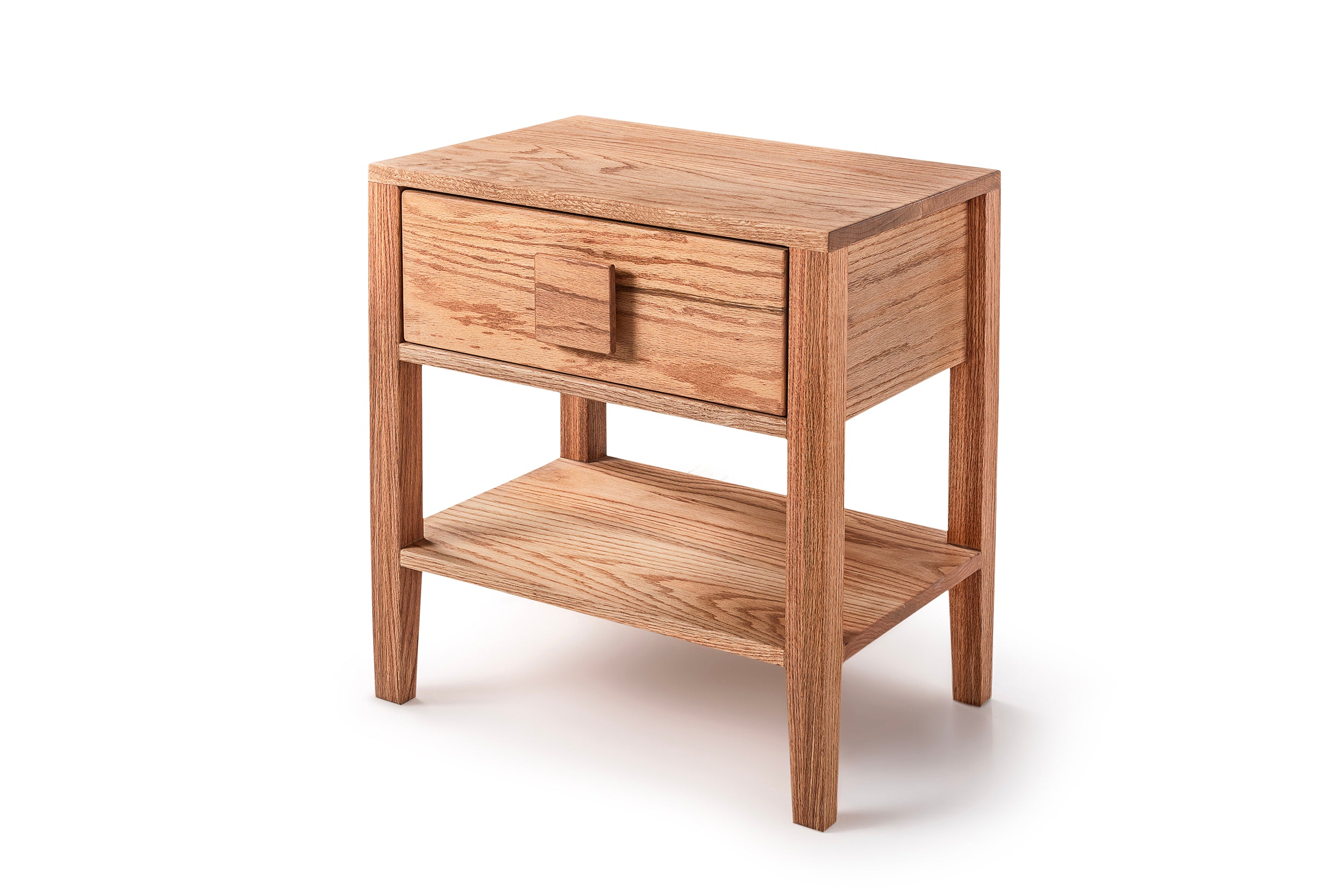 Oak Single Drawer and Shelf Nightstand with Square Handle Detail