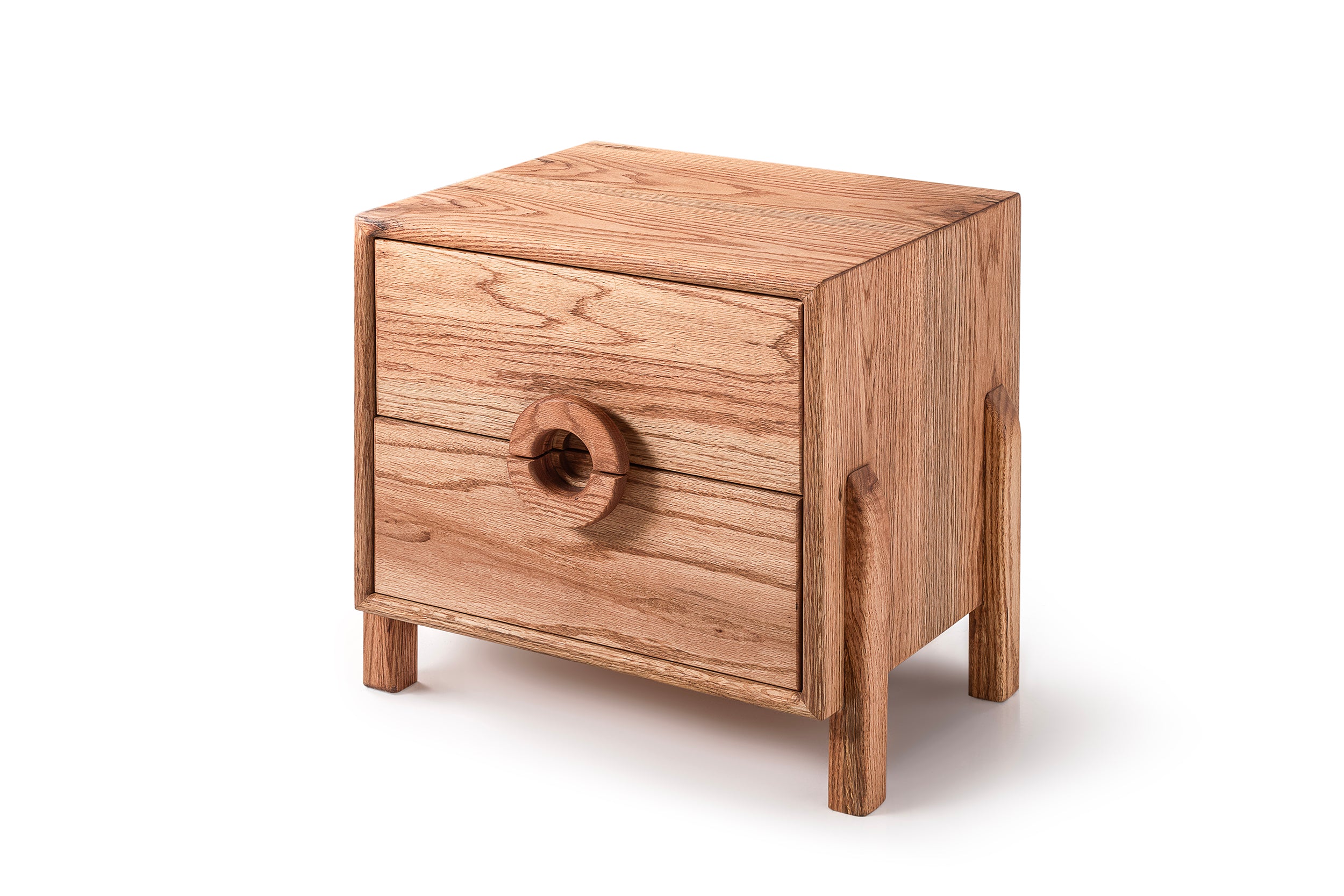 Oak Two-Drawer Nightstand with Round Handle Detail