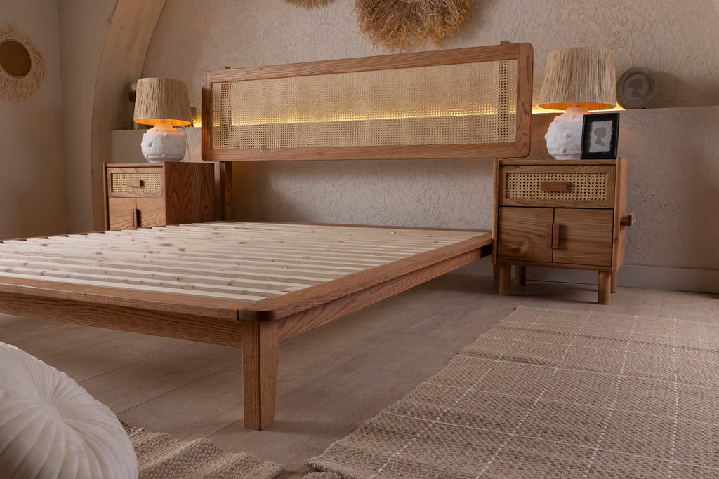 Wooden Bedstead and Hazeran Headboard, Oak