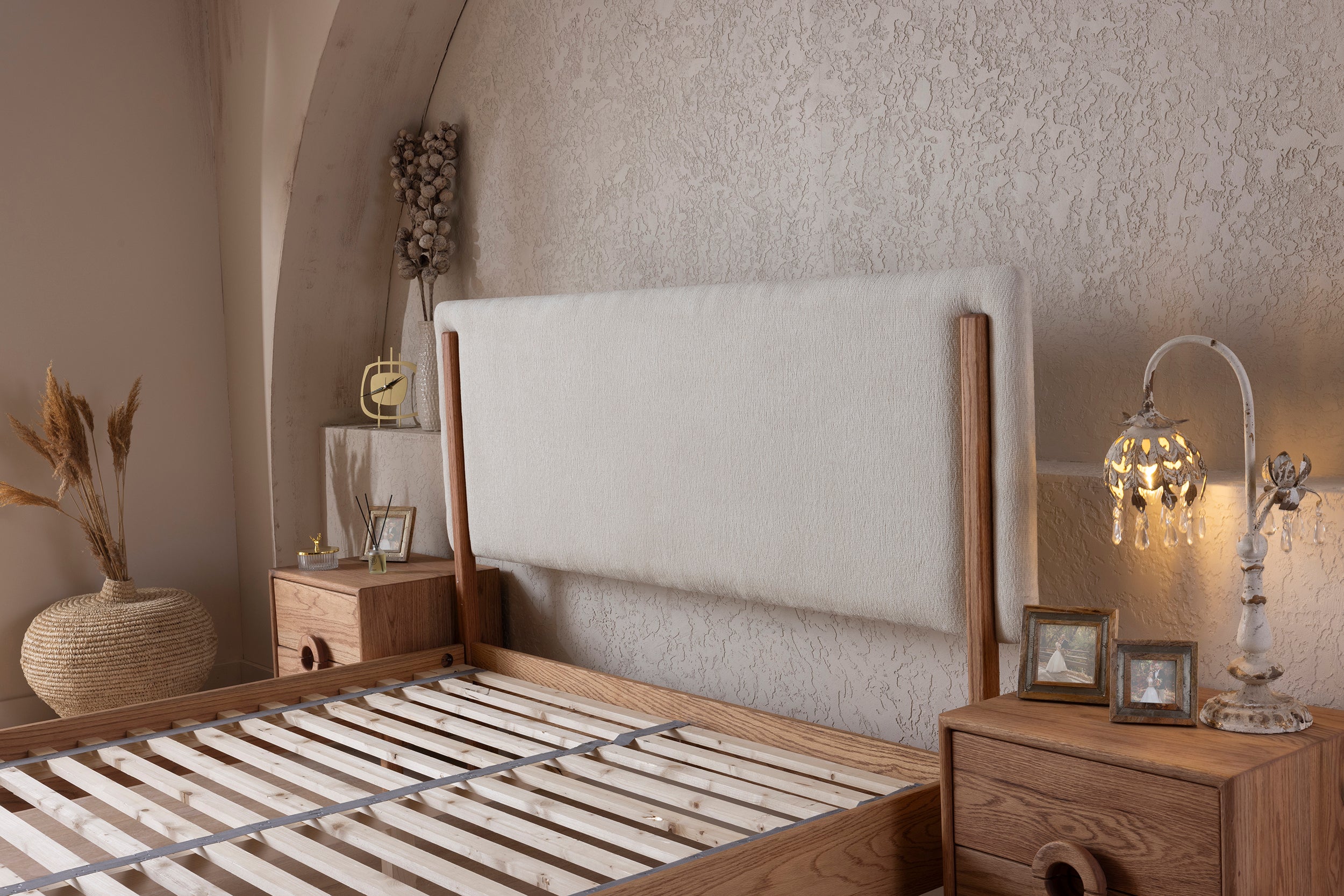 Wooden Bedstead and Fabric Headboard, Oak