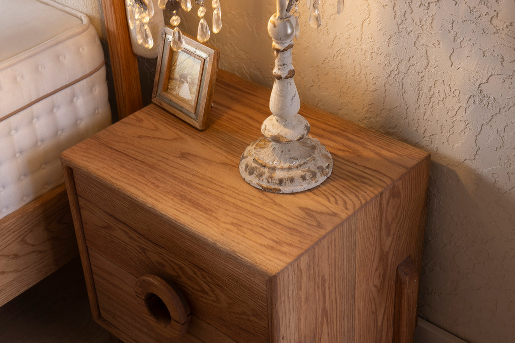Oak Two-Drawer Nightstand with Round Handle Detail
