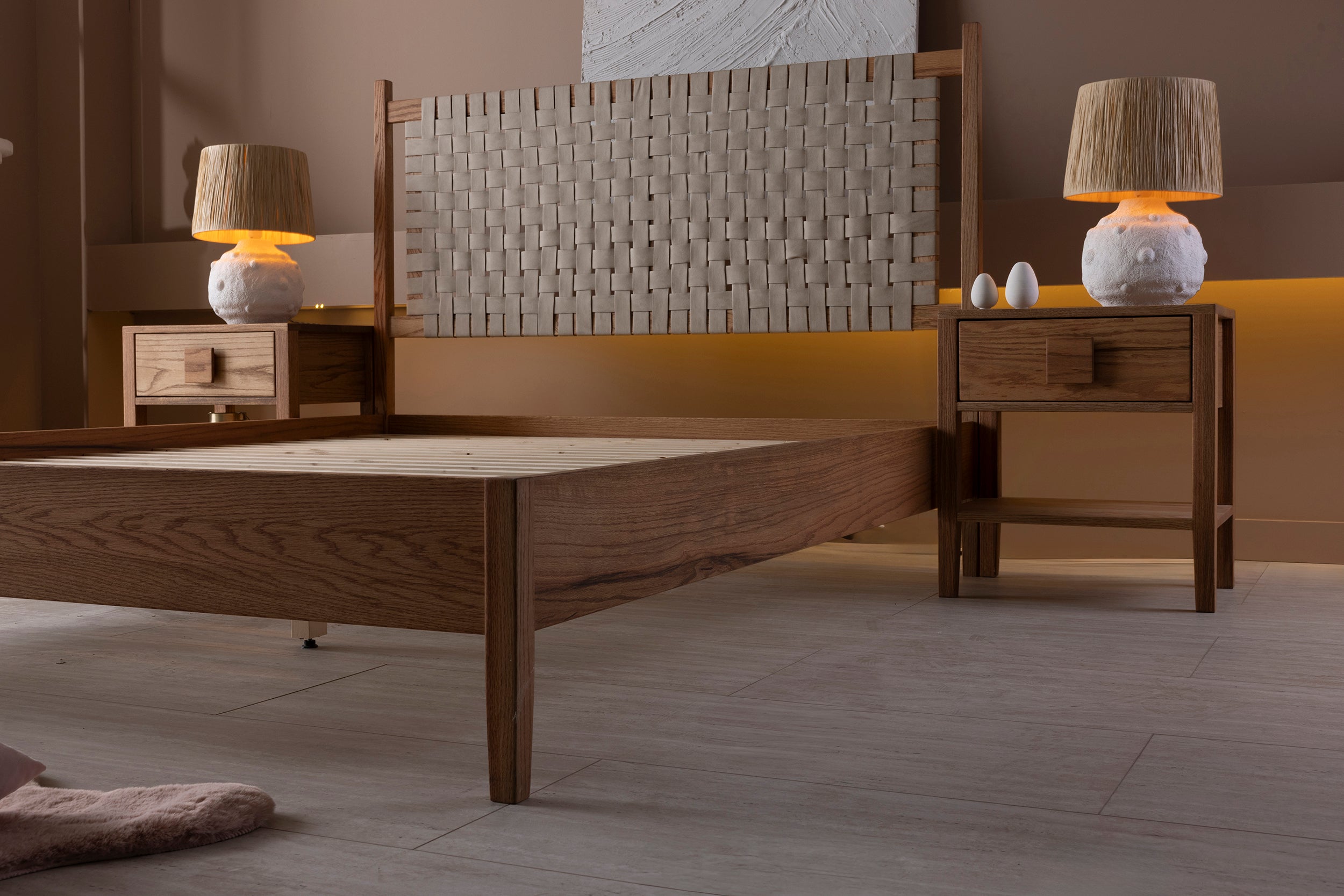 Wooden Bedstead and Braided Leather Headboard, Oak