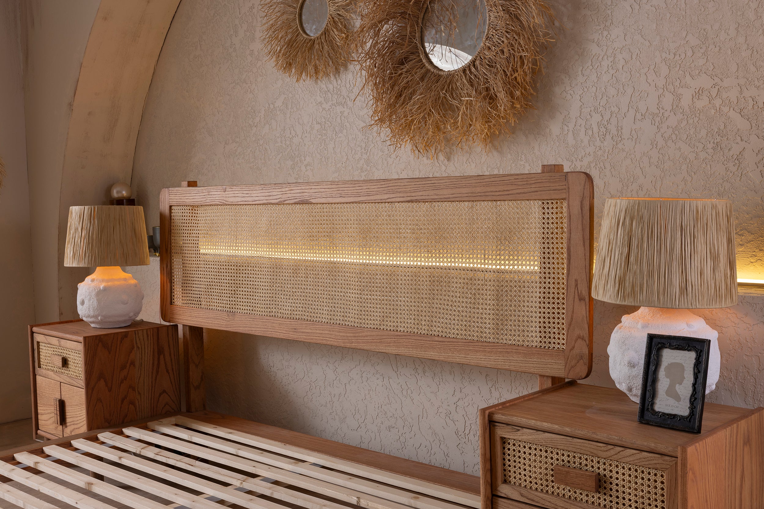 Wooden Bedstead and Hazeran Headboard, Oak