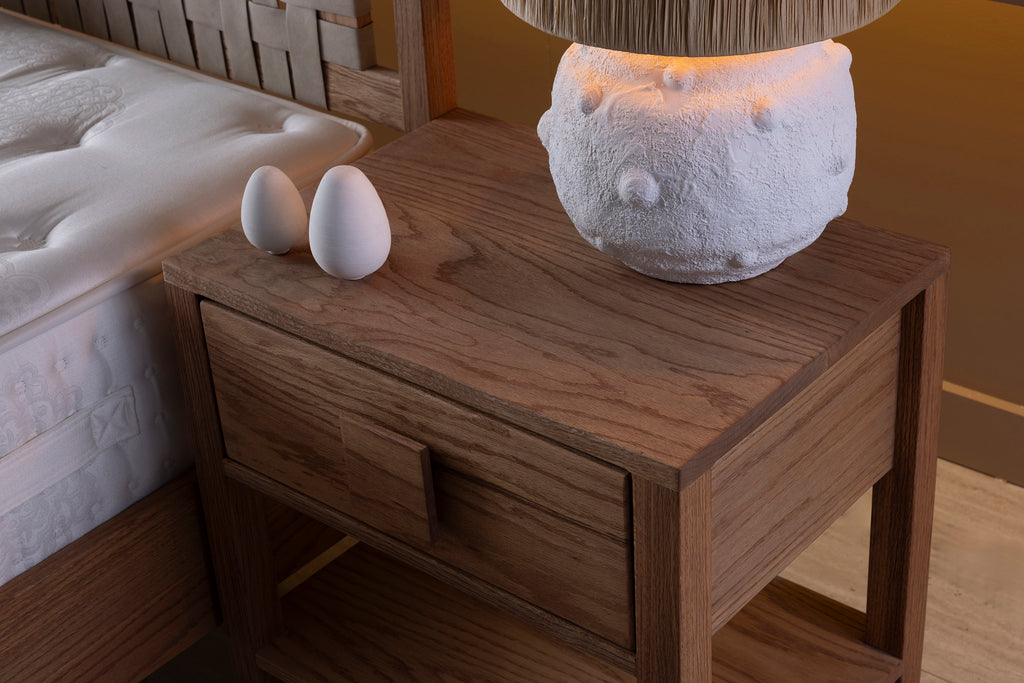 Oak Single Drawer and Shelf Nightstand with Square Handle Detail