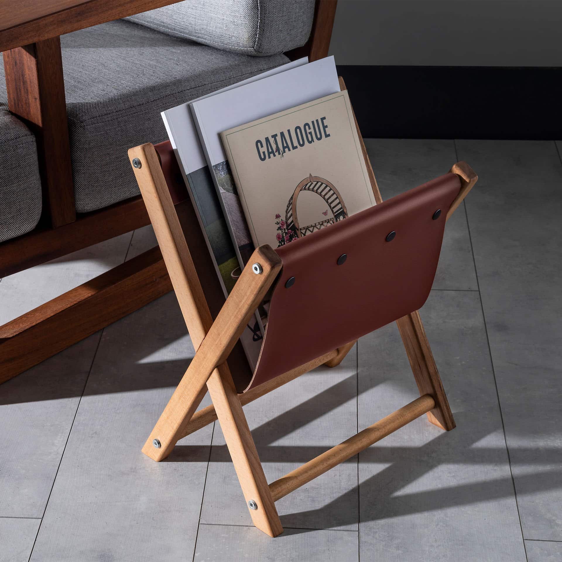 Hexo Wooden Newspaper Rack, Brown Leather