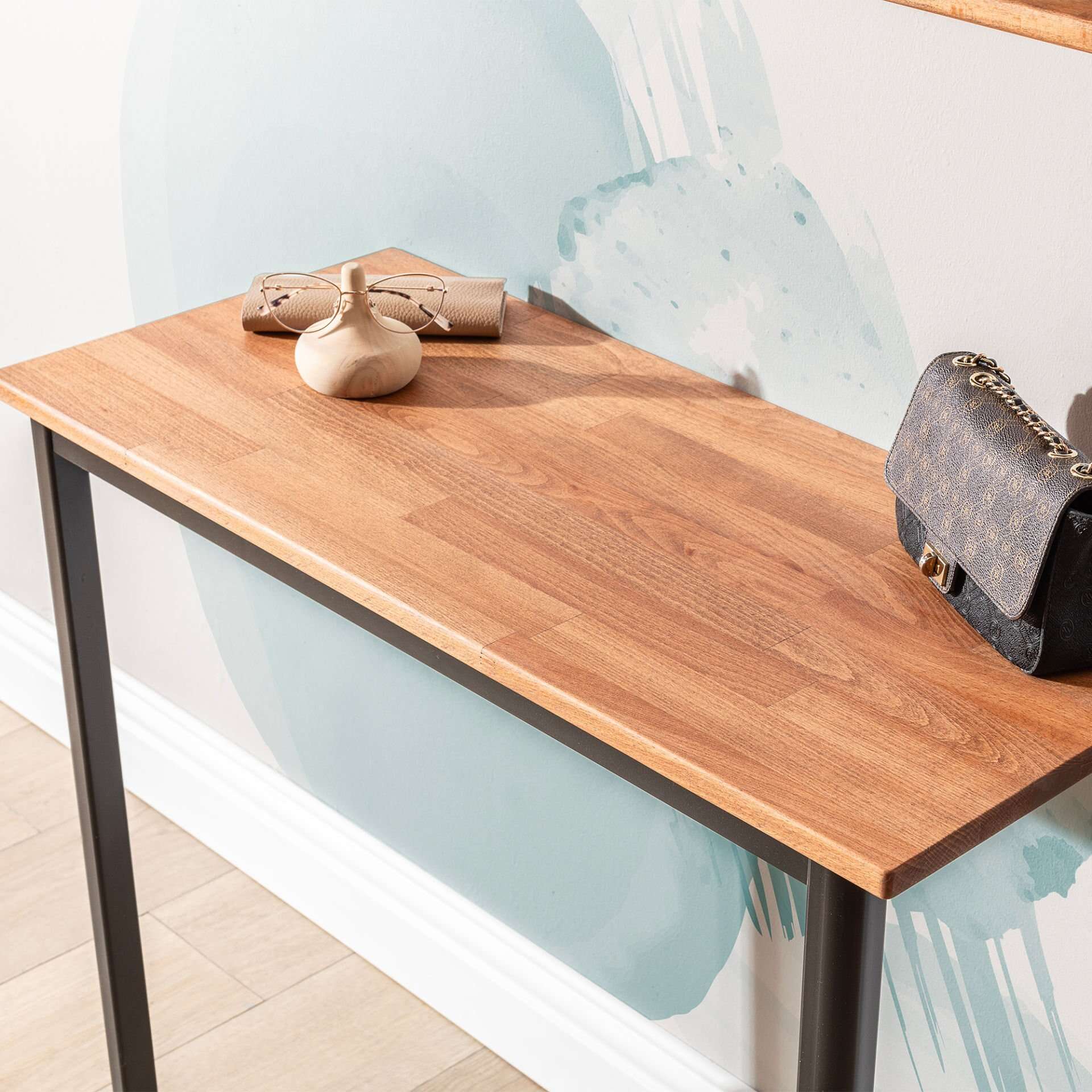 Handmade Natural Beech Wall Mounted Table with Support Legs - Dark 