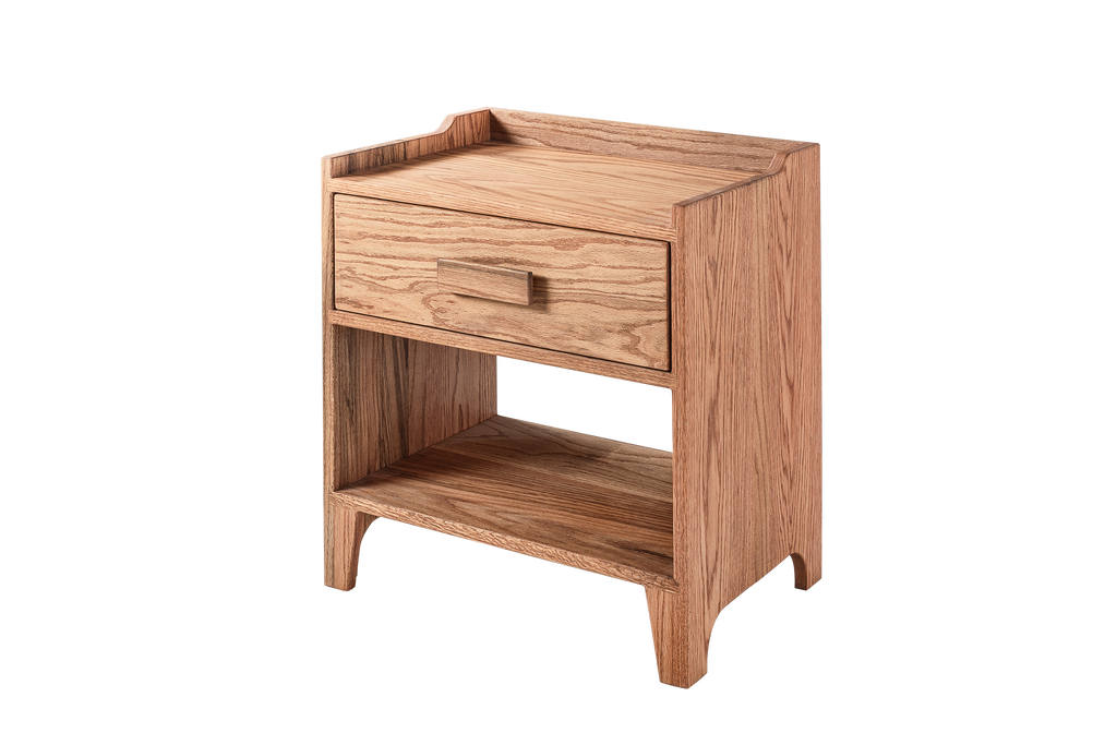 Oak Wood Nightstand with Single Drawer and Shelf, Top Shield Detail