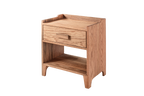 Oak Wood Nightstand with Single Drawer and Shelf, Top Shield Detail